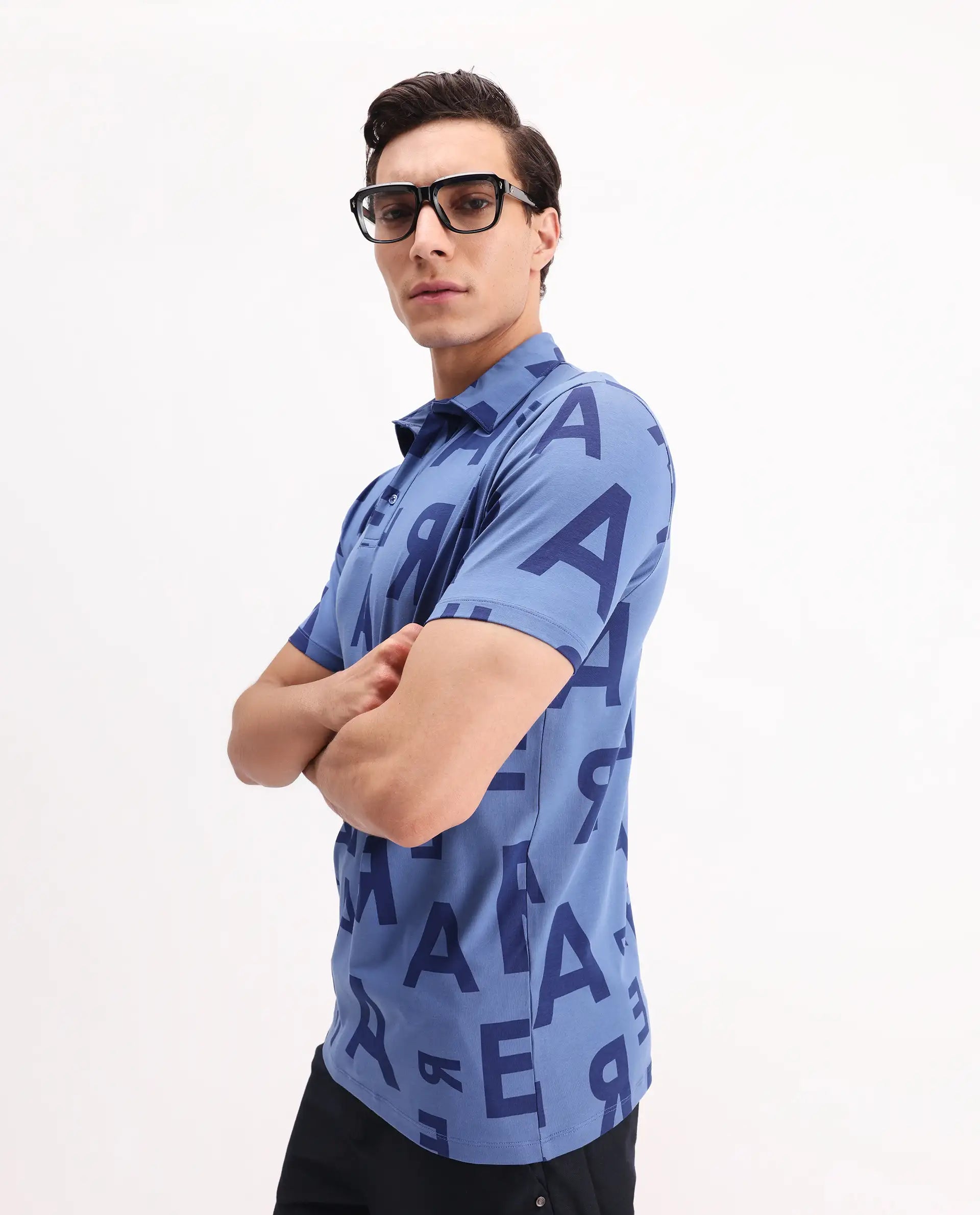 Rare Rabbit Men's Rocha Dark Blue Cotton Monogram Print Regular Fit Half Sleeve Polo