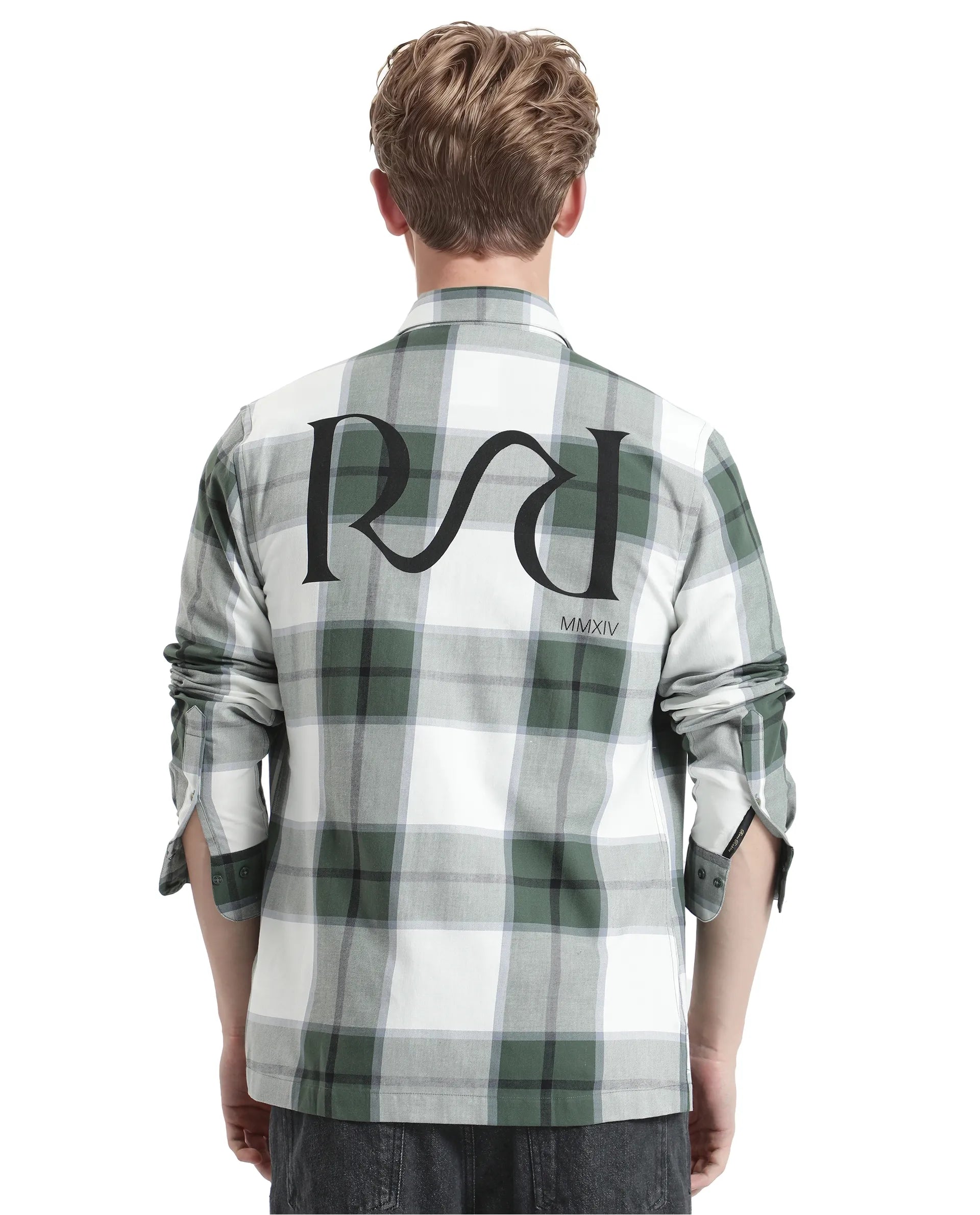 Rare Rabbit Men Rock Ford-2 Green Cotton Fabric Full Sleeve Regular Fit Graphic Backprint Checked Shirt