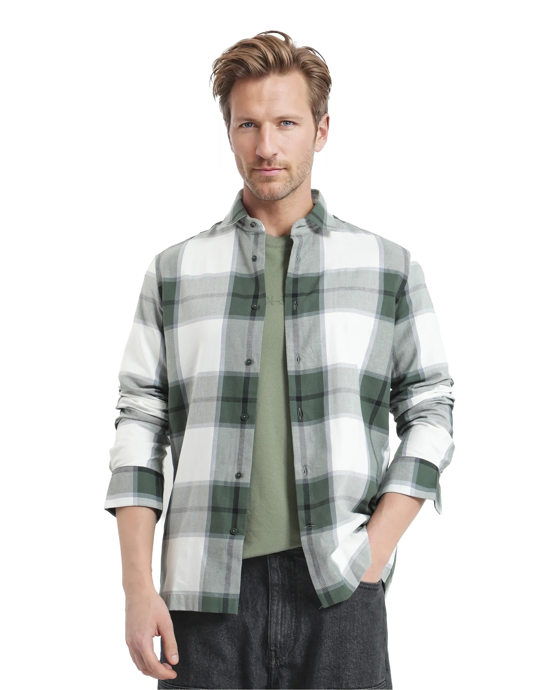 Rare Rabbit Men Rock Ford-2 Green Cotton Fabric Full Sleeve Regular Fit Graphic Backprint Checked Shirt