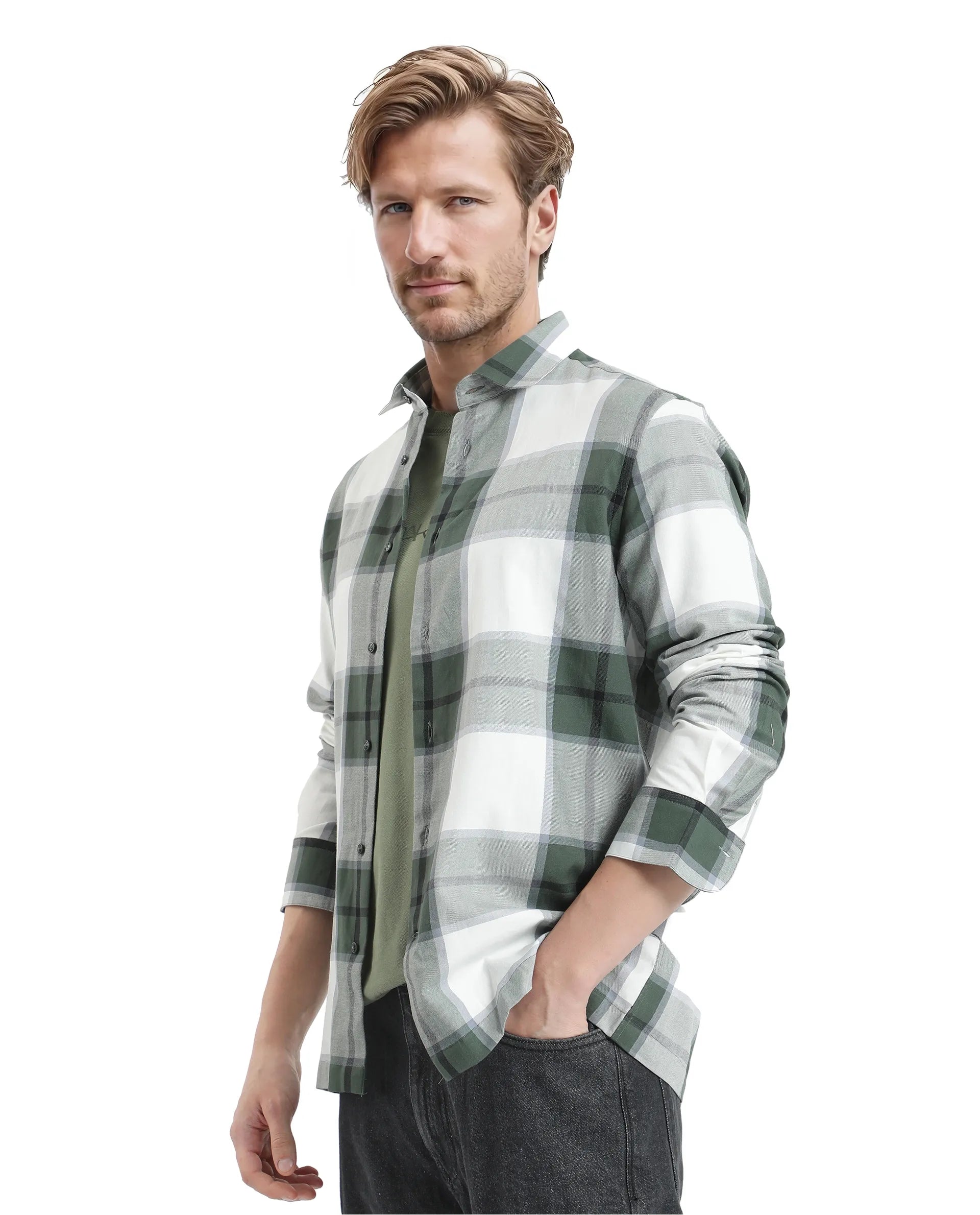 Rare Rabbit Men Rock Ford-2 Green Cotton Fabric Full Sleeve Regular Fit Graphic Backprint Checked Shirt