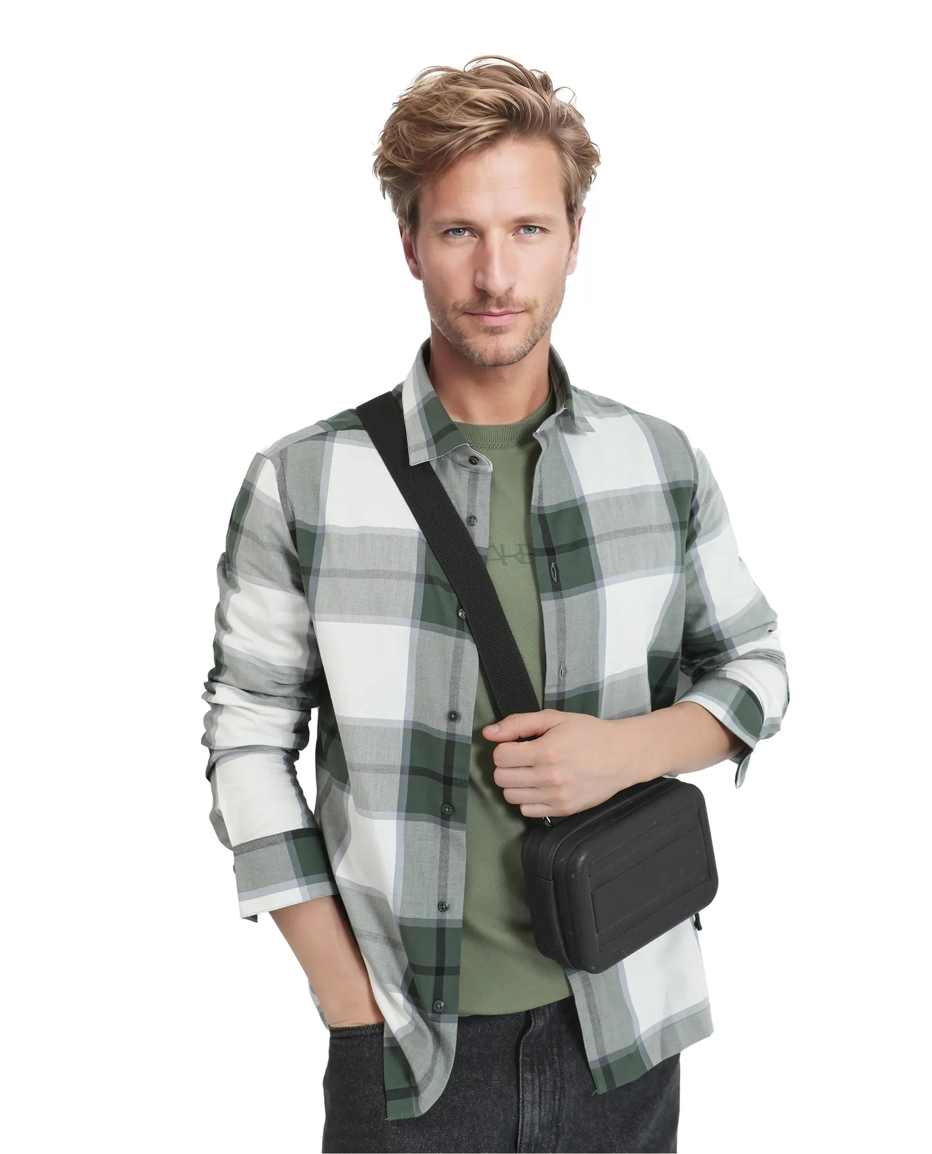 Rare Rabbit Men Rock Ford-2 Green Cotton Fabric Full Sleeve Regular Fit Graphic Backprint Checked Shirt