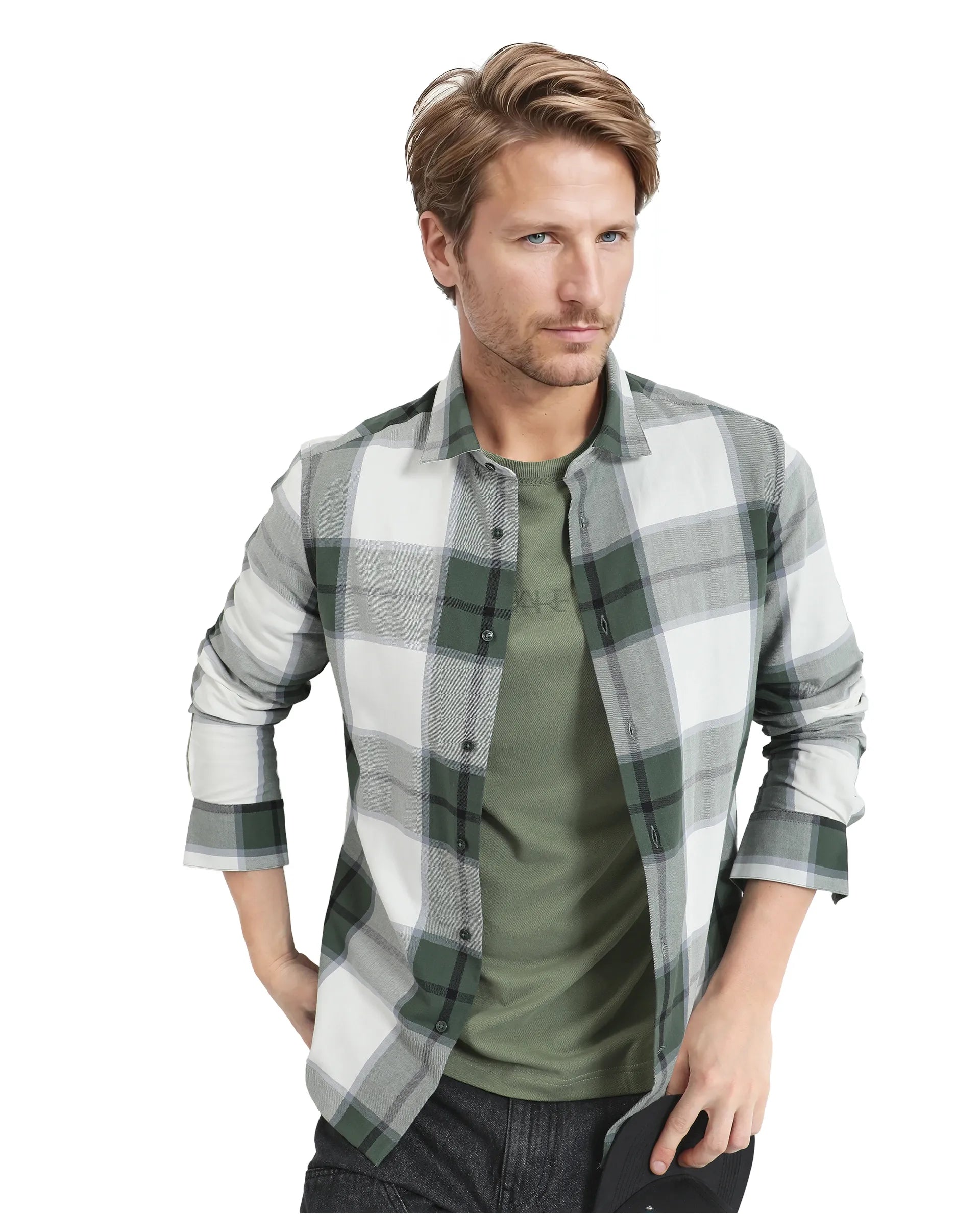 Rare Rabbit Men Rock Ford-2 Green Cotton Fabric Full Sleeve Regular Fit Graphic Backprint Checked Shirt