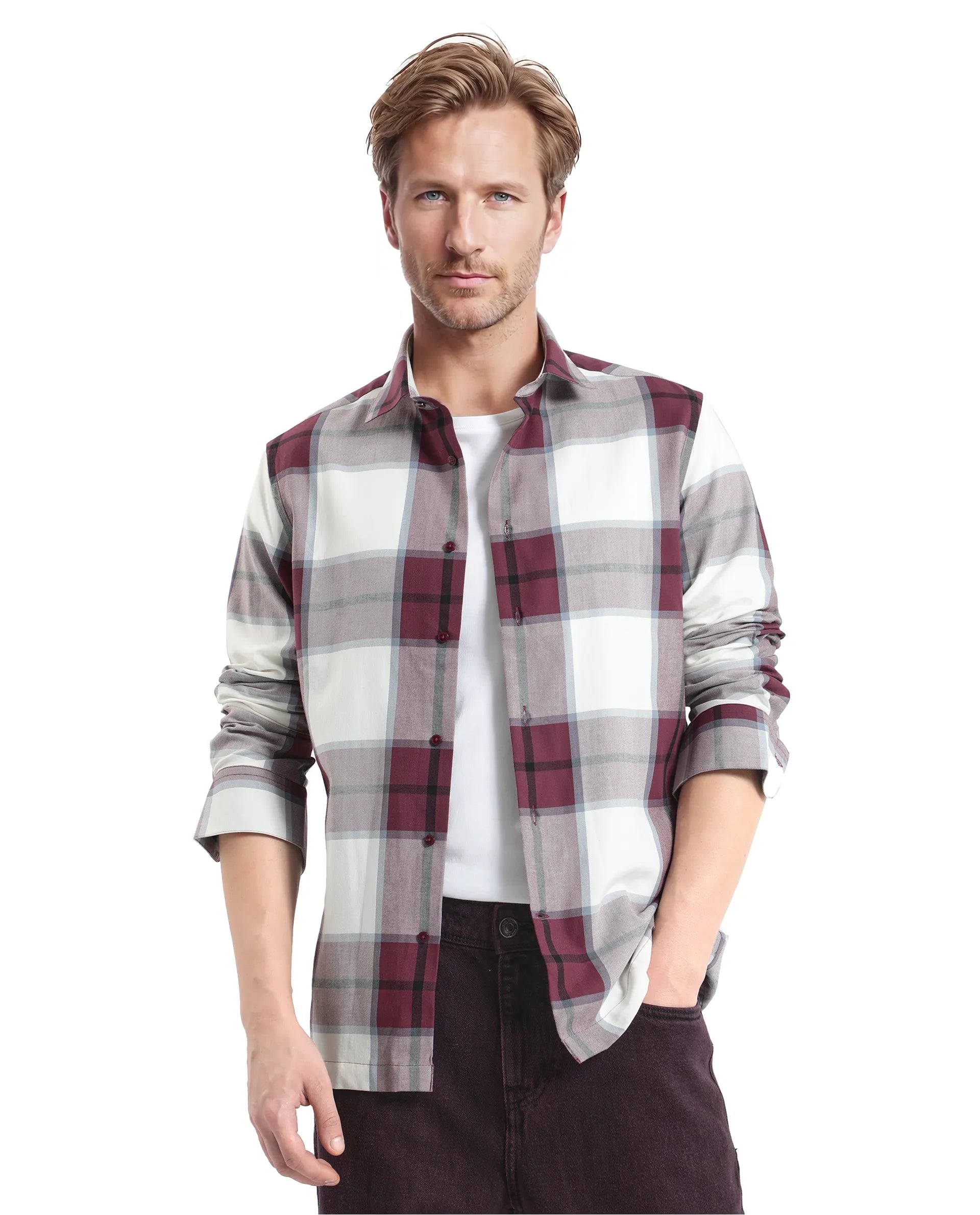 Rare Rabbit Men Rock Ford Maroon-2 Cotton Fabric Full Sleeve Regular Fit Graphic Backprint Checked Shirt