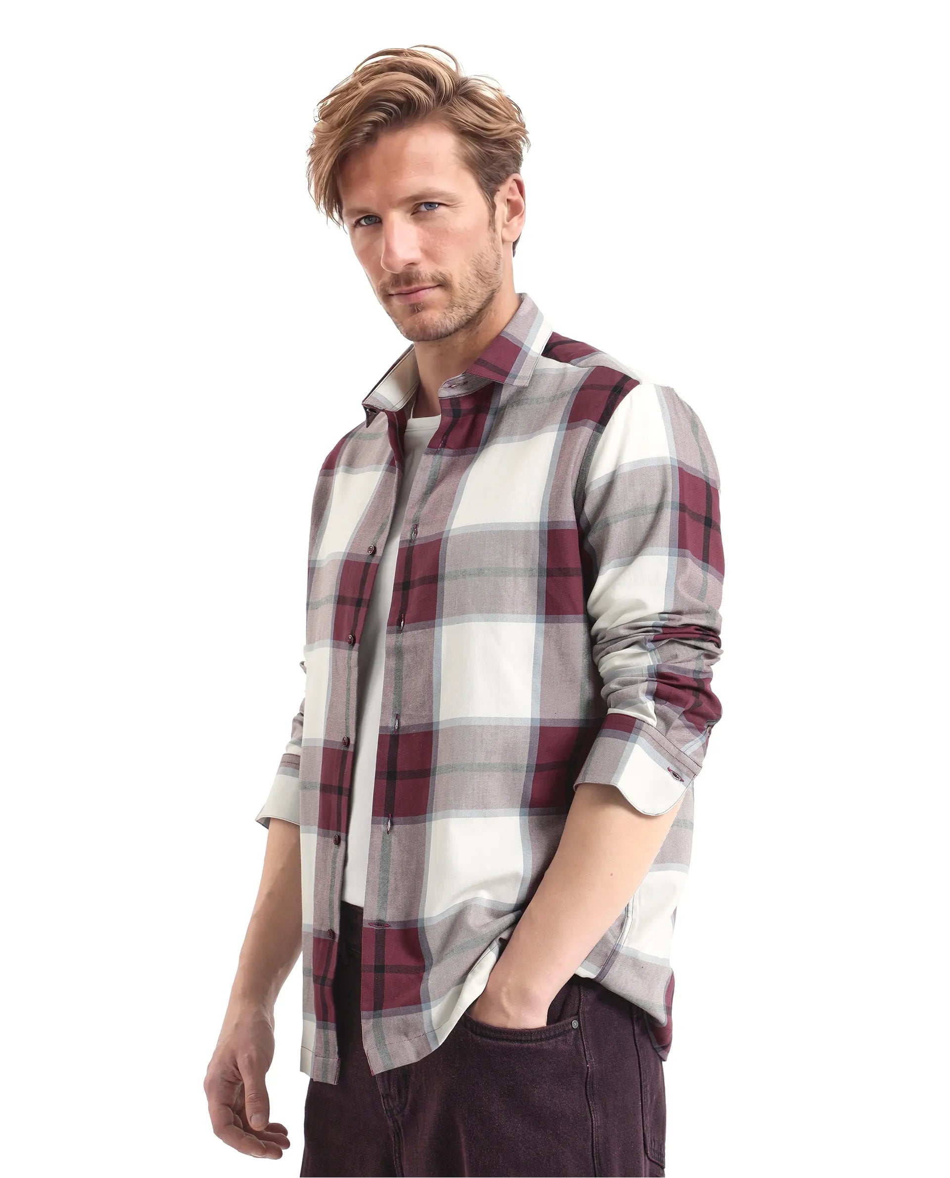 Rare Rabbit Men Rock Ford Maroon-2 Cotton Fabric Full Sleeve Regular Fit Graphic Backprint Checked Shirt