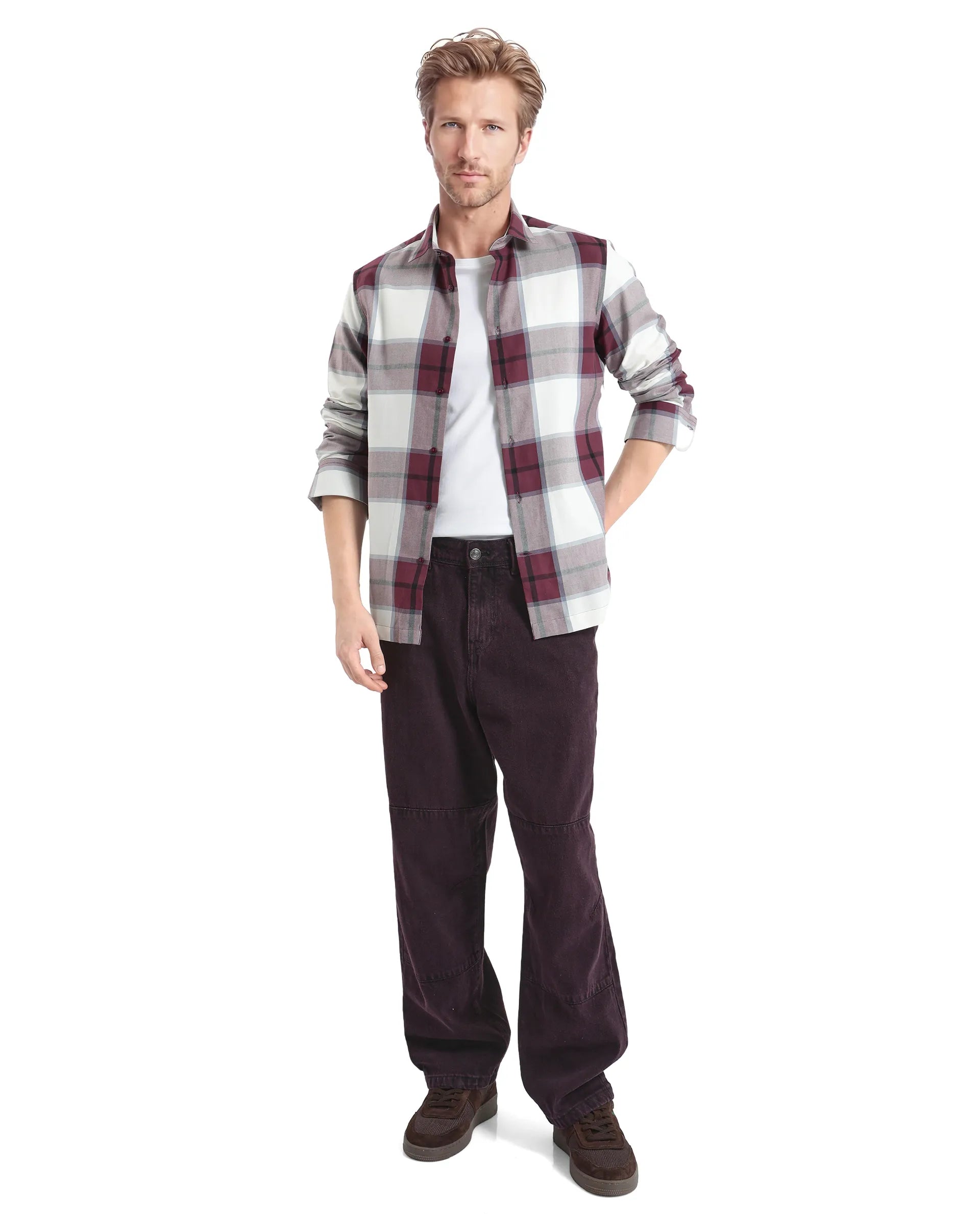 Rare Rabbit Men Rock Ford Maroon-2 Cotton Fabric Full Sleeve Regular Fit Graphic Backprint Checked Shirt