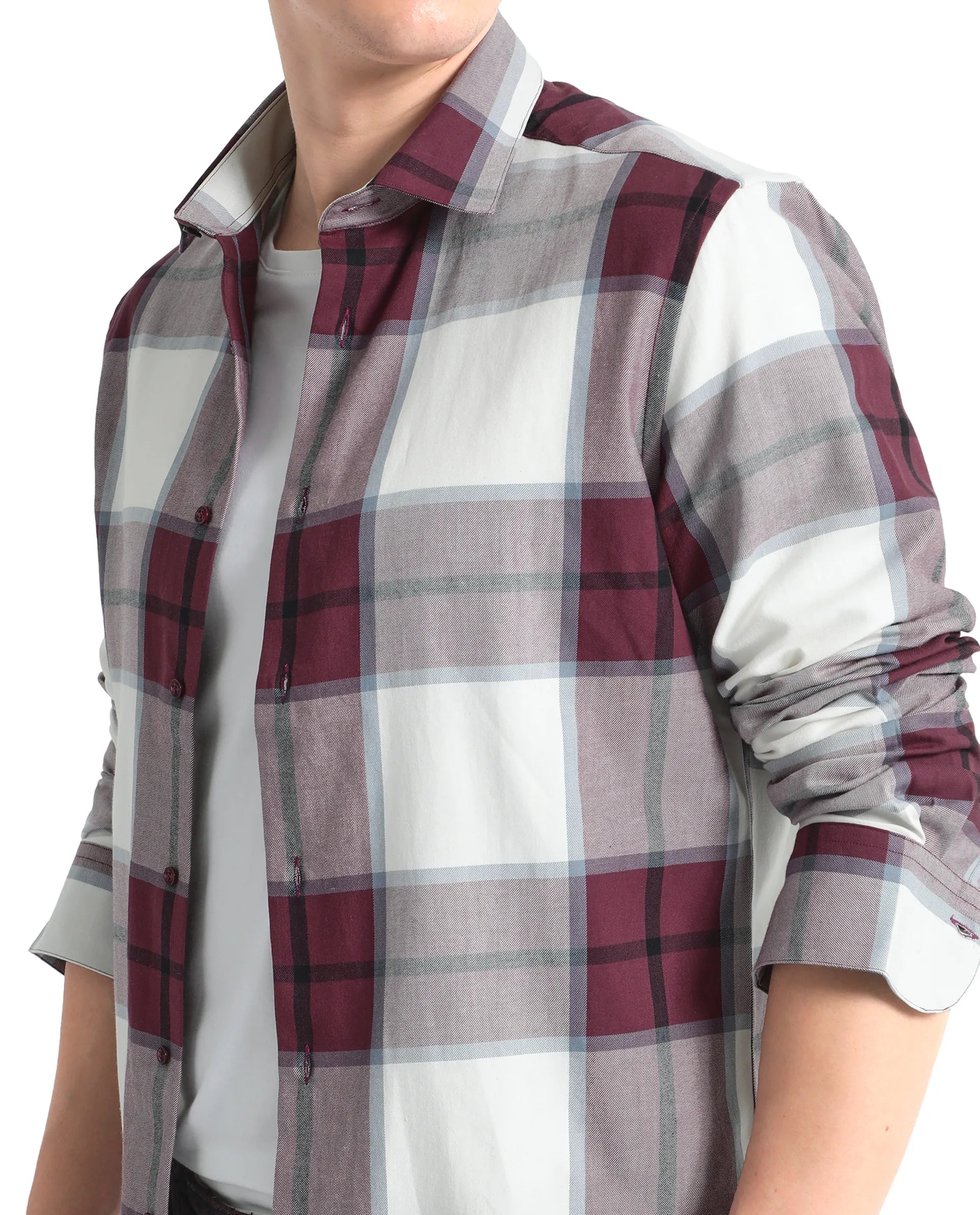 Rare Rabbit Men Rock Ford Maroon-2 Cotton Fabric Full Sleeve Regular Fit Graphic Backprint Checked Shirt