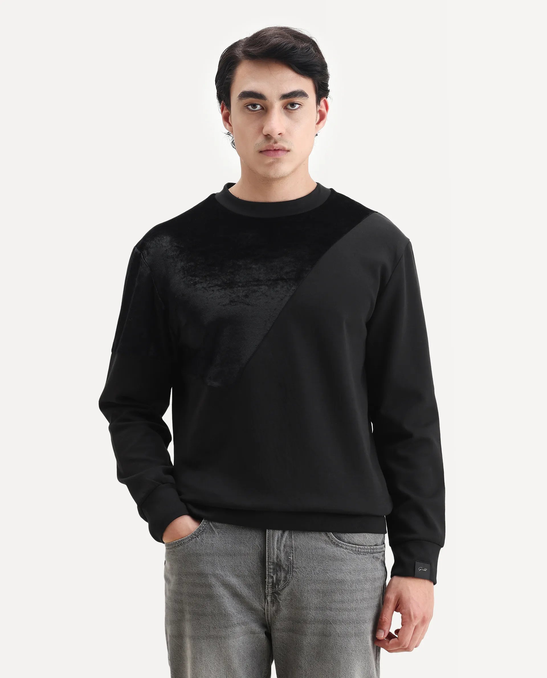 Rare Rabbit Men's Roe Black Velvet Cut And Sew Regular Fit Full Sleeve Crew Neck Sweatshirt