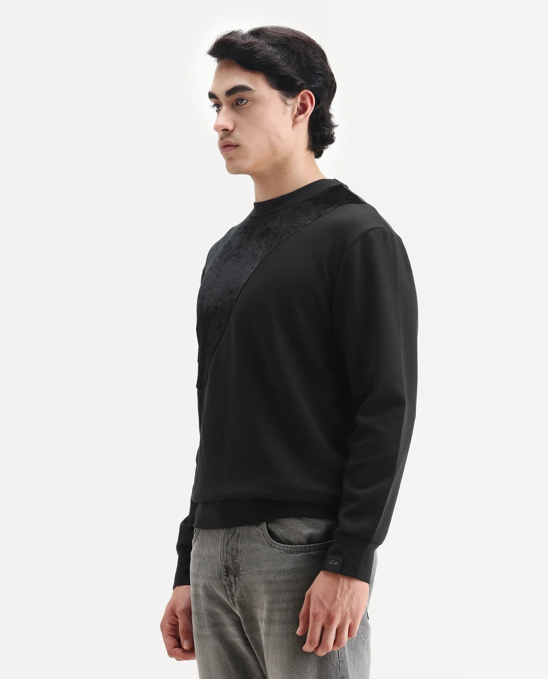 Rare Rabbit Men's Roe Black Velvet Cut And Sew Regular Fit Full Sleeve Crew Neck Sweatshirt