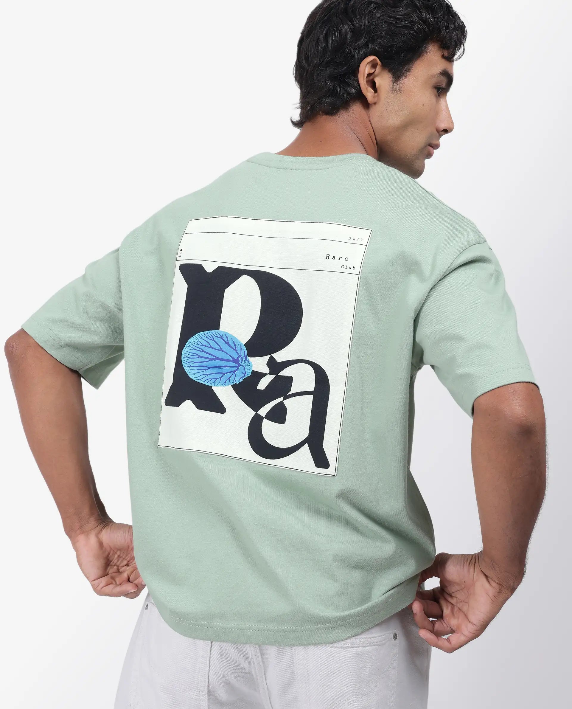 Rare Rabbit Men's Roe Green Cotton Graphic Print Oversized Fit Half Sleeve Crew Neck T-Shirt