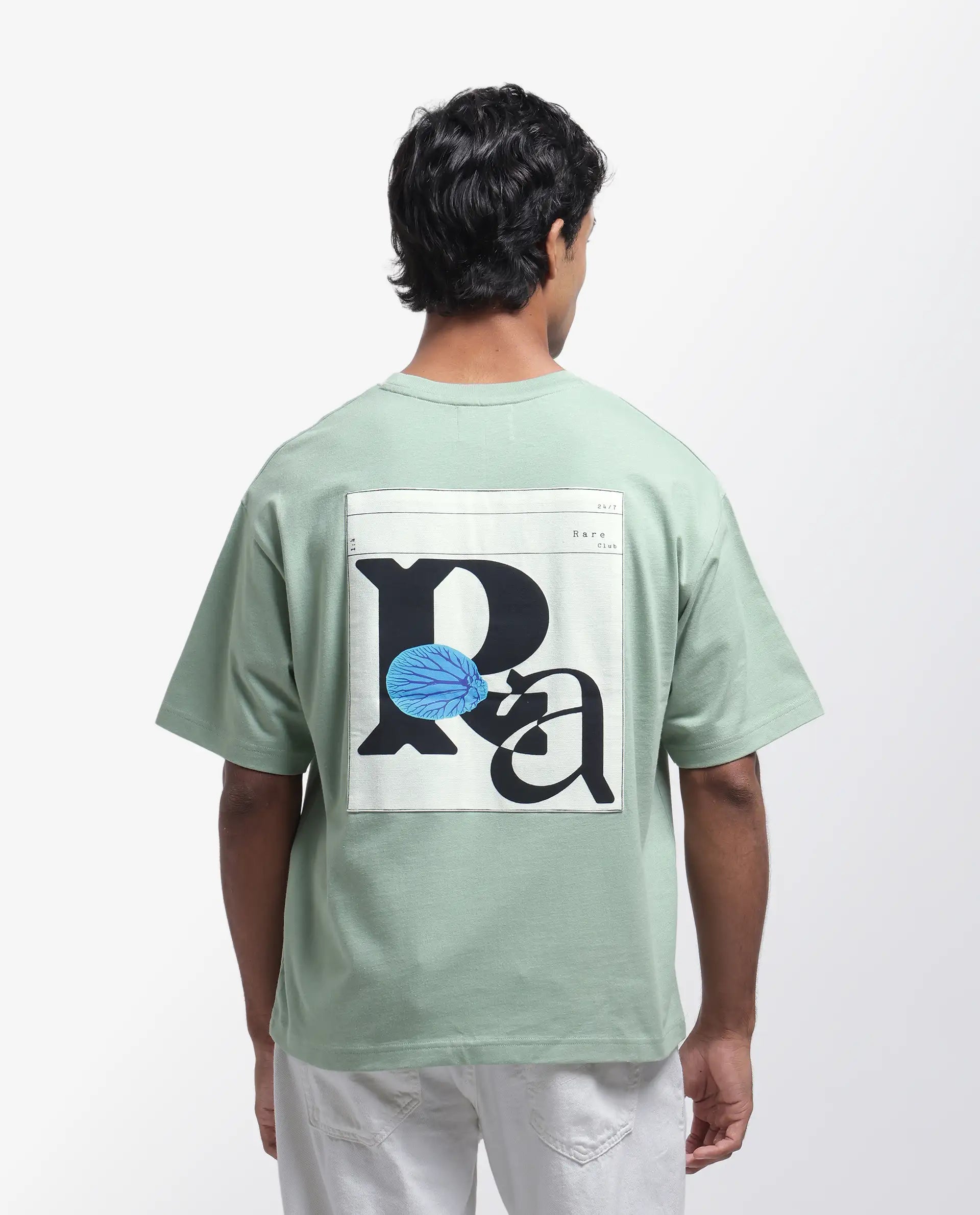 Rare Rabbit Men's Roe Green Cotton Graphic Print Oversized Fit Half Sleeve Crew Neck T-Shirt