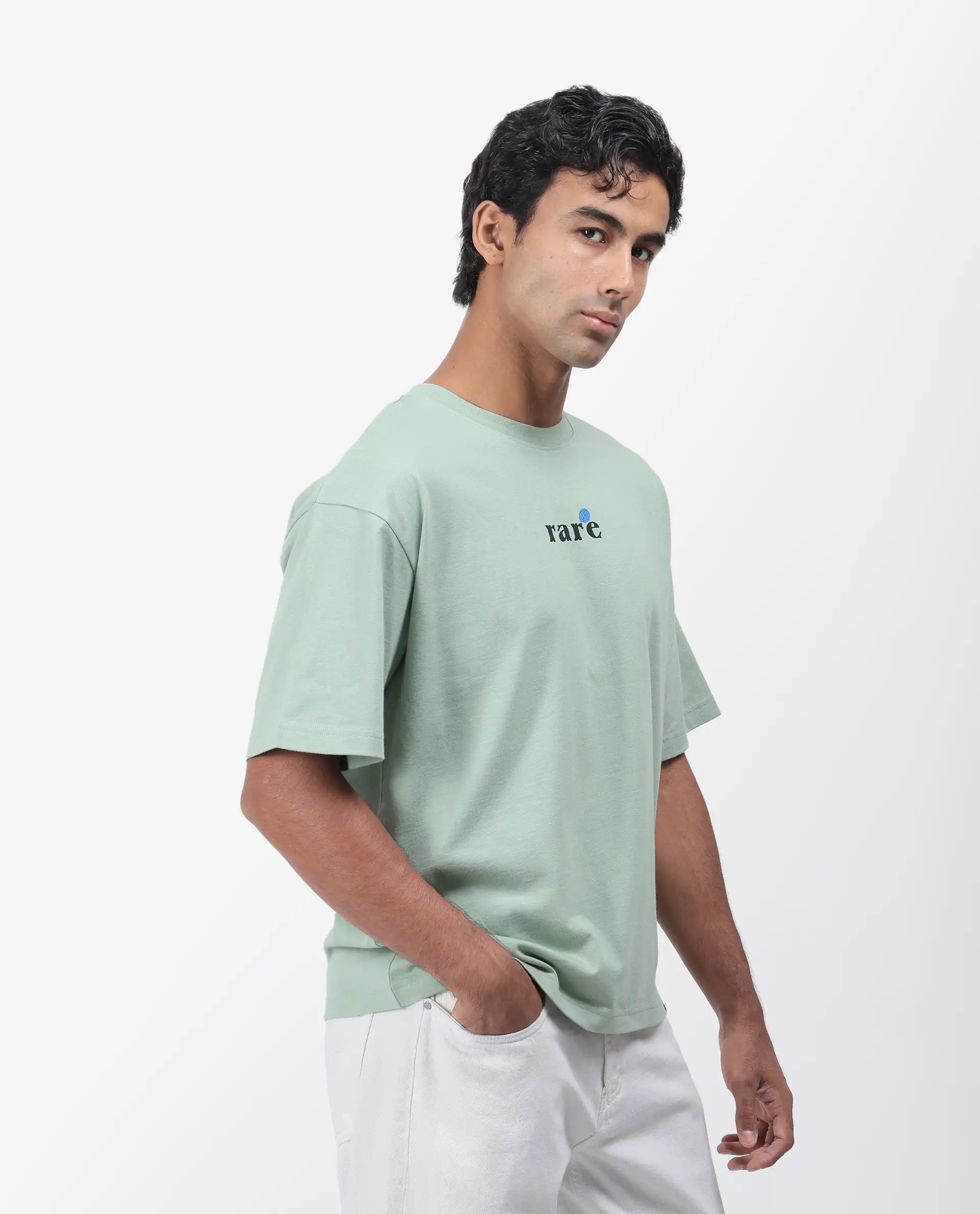 Rare Rabbit Men's Roe Green Cotton Graphic Print Oversized Fit Half Sleeve Crew Neck T-Shirt