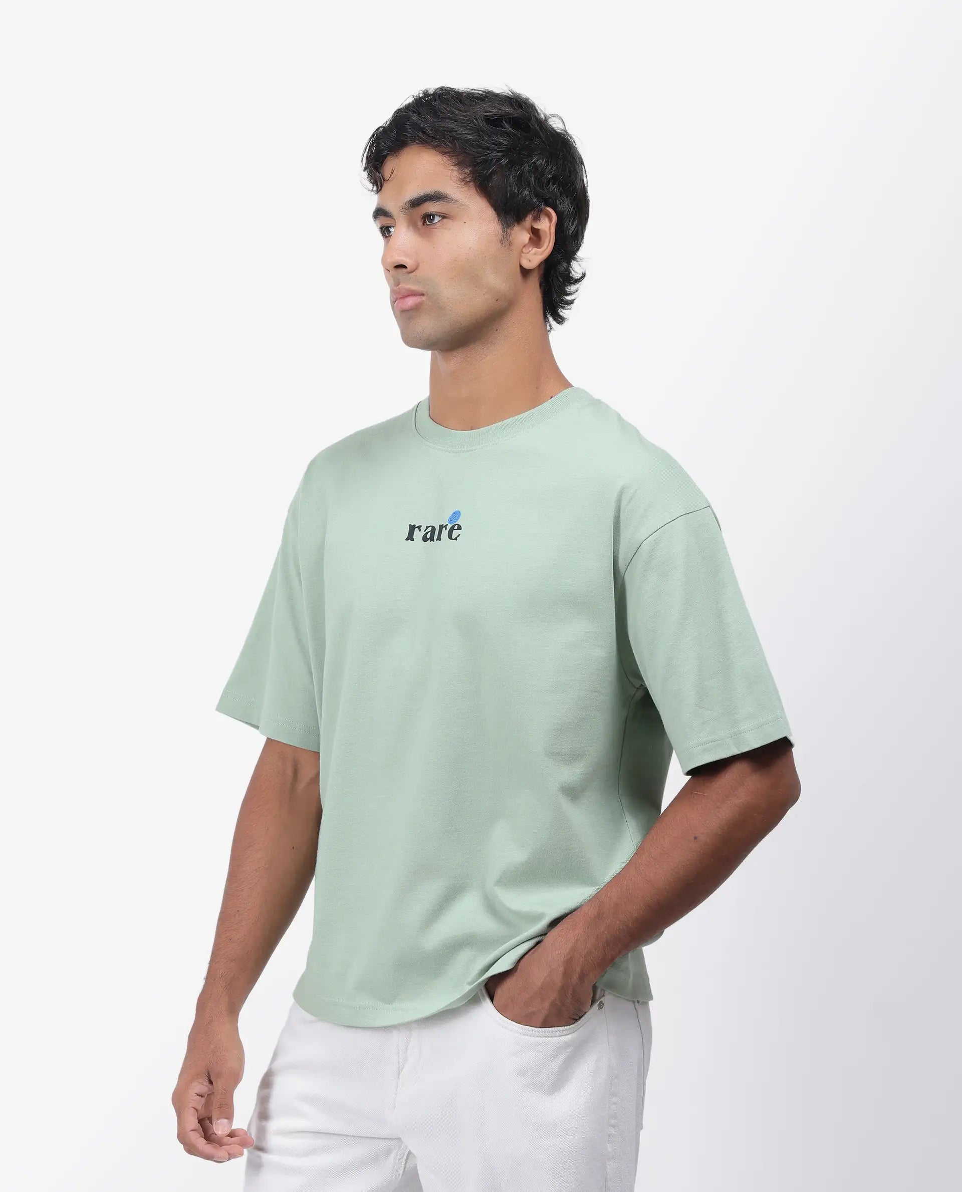 Rare Rabbit Men's Roe Green Cotton Graphic Print Oversized Fit Half Sleeve Crew Neck T-Shirt