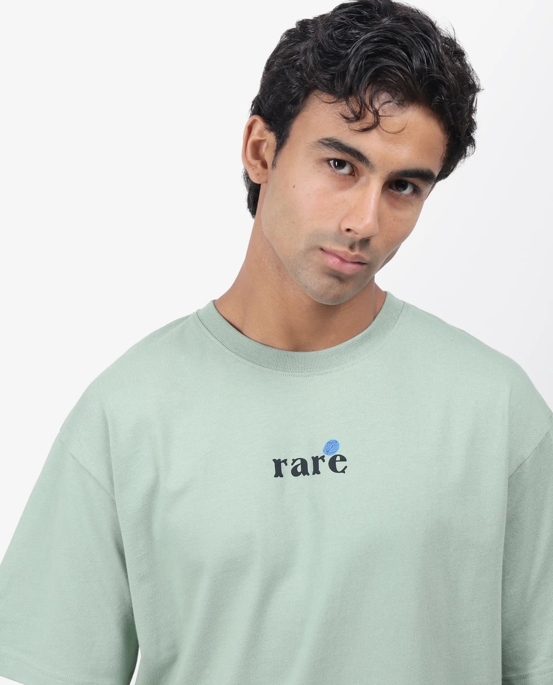 Rare Rabbit Men's Roe Green Cotton Graphic Print Oversized Fit Half Sleeve Crew Neck T-Shirt