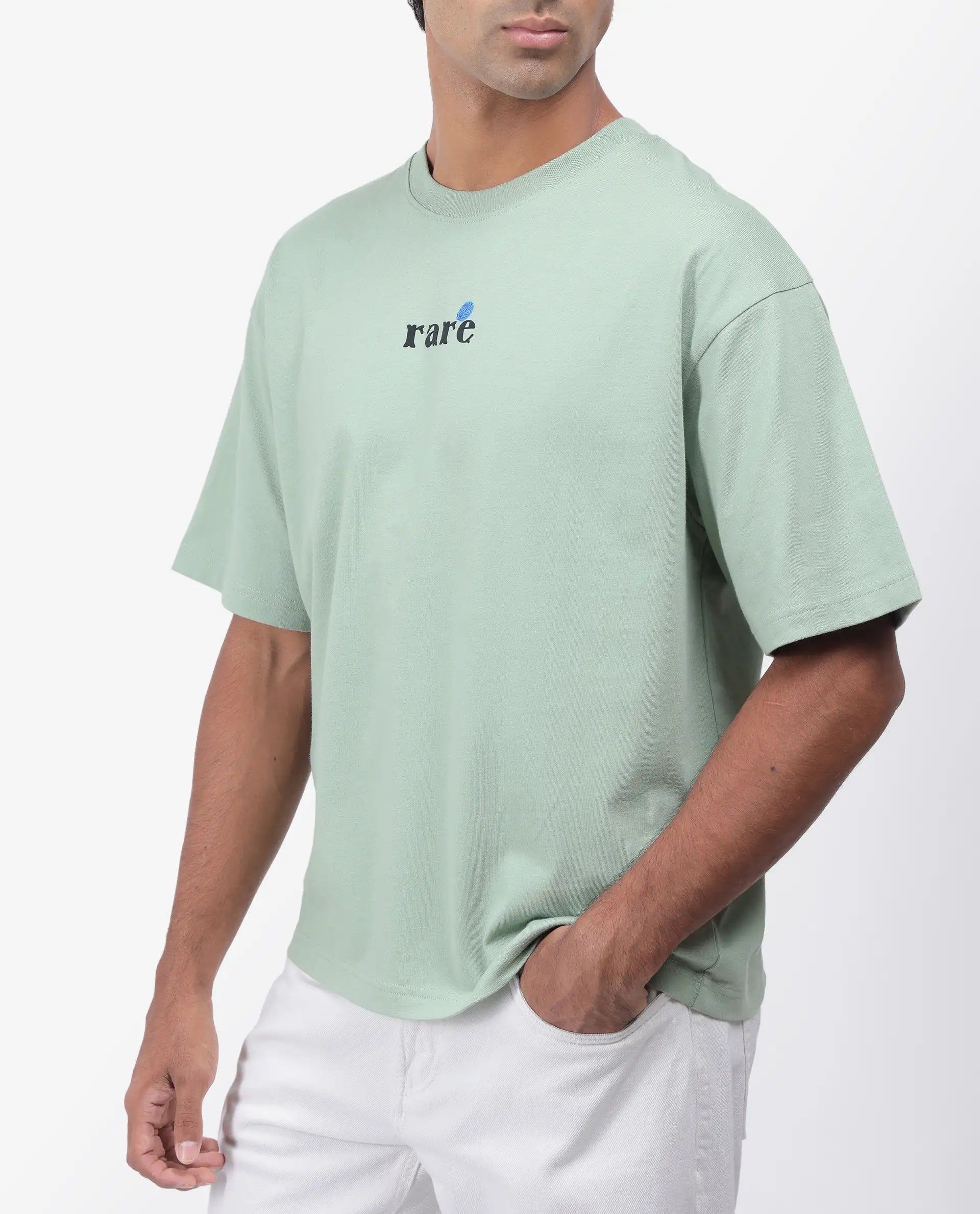 Rare Rabbit Men's Roe Green Cotton Graphic Print Oversized Fit Half Sleeve Crew Neck T-Shirt