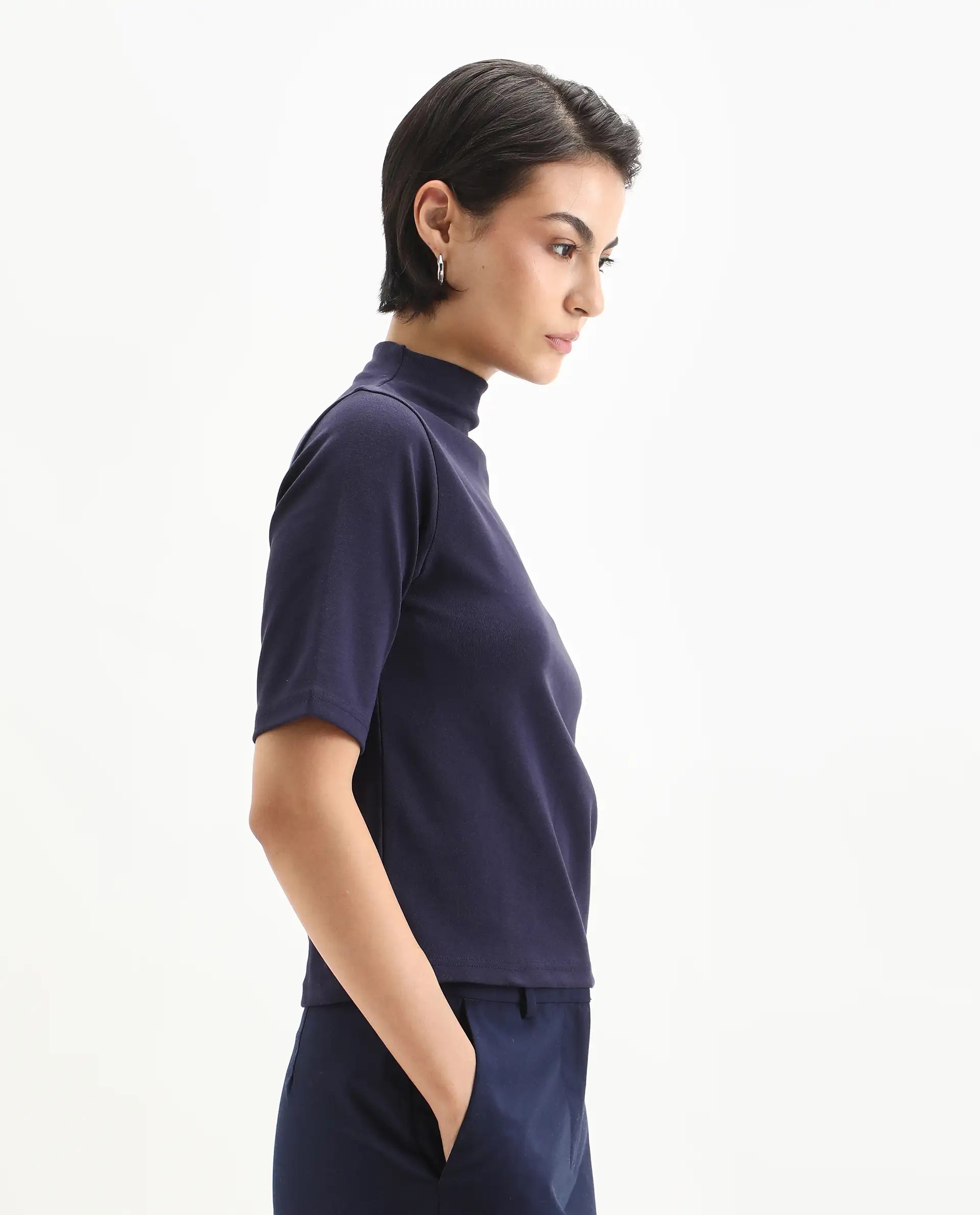 Rareism Women's Rohdrio Dusky Purple Cotton Blend Polo Neck Plain Regular Fit Top