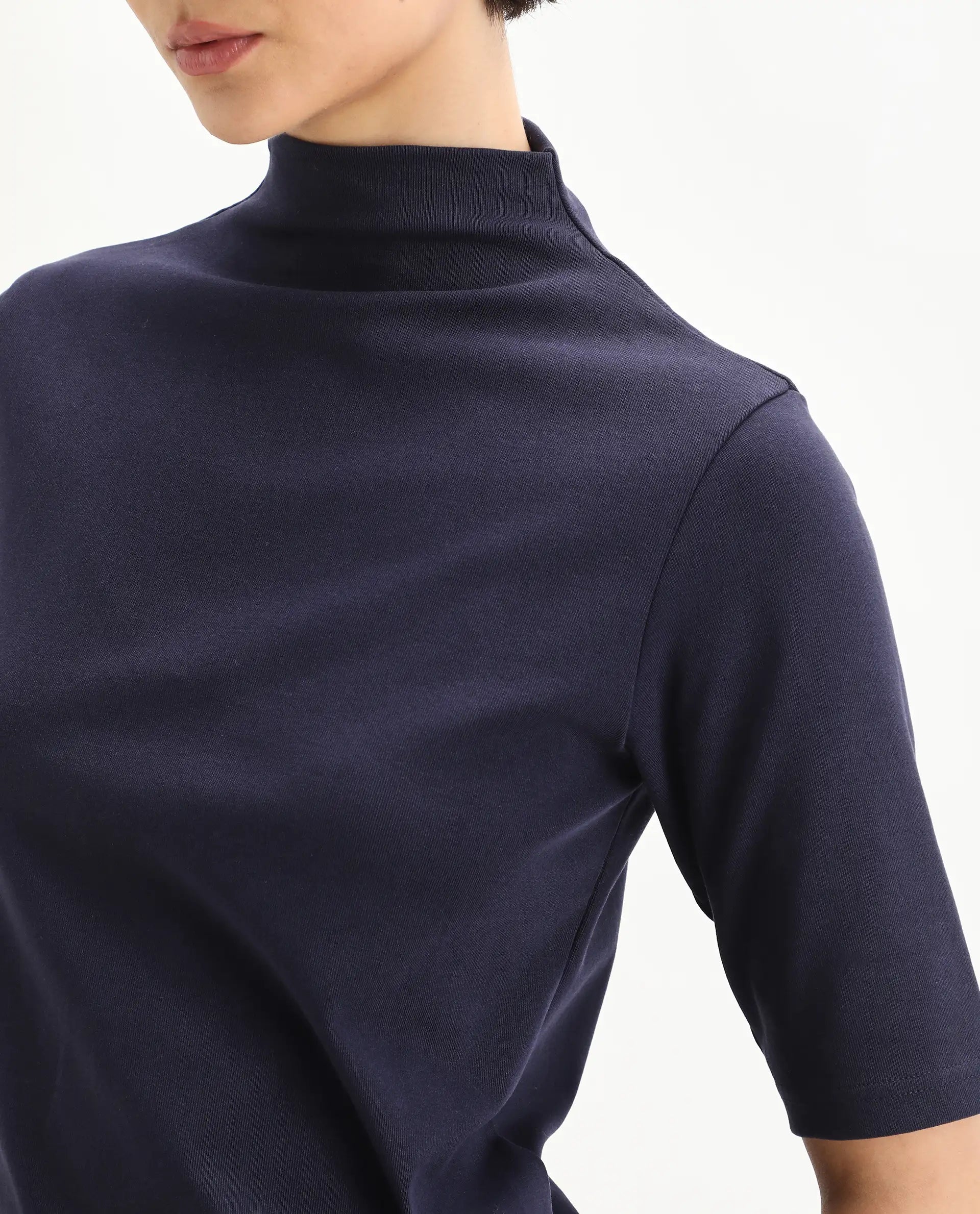 Rareism Women's Rohdrio Dusky Purple Cotton Blend Polo Neck Plain Regular Fit Top