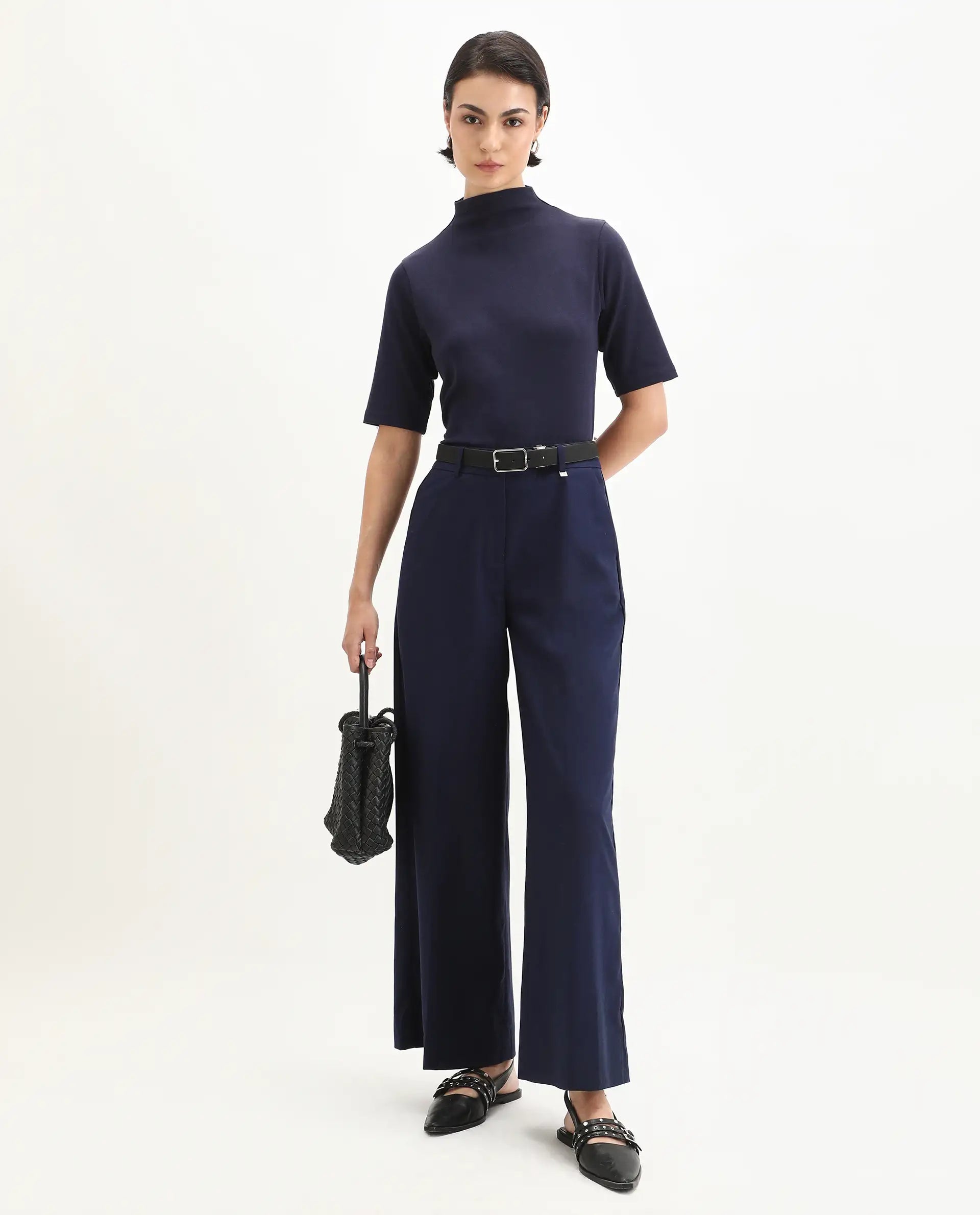 Rareism Women's Rohdrio Dusky Purple Cotton Blend Polo Neck Plain Regular Fit Top