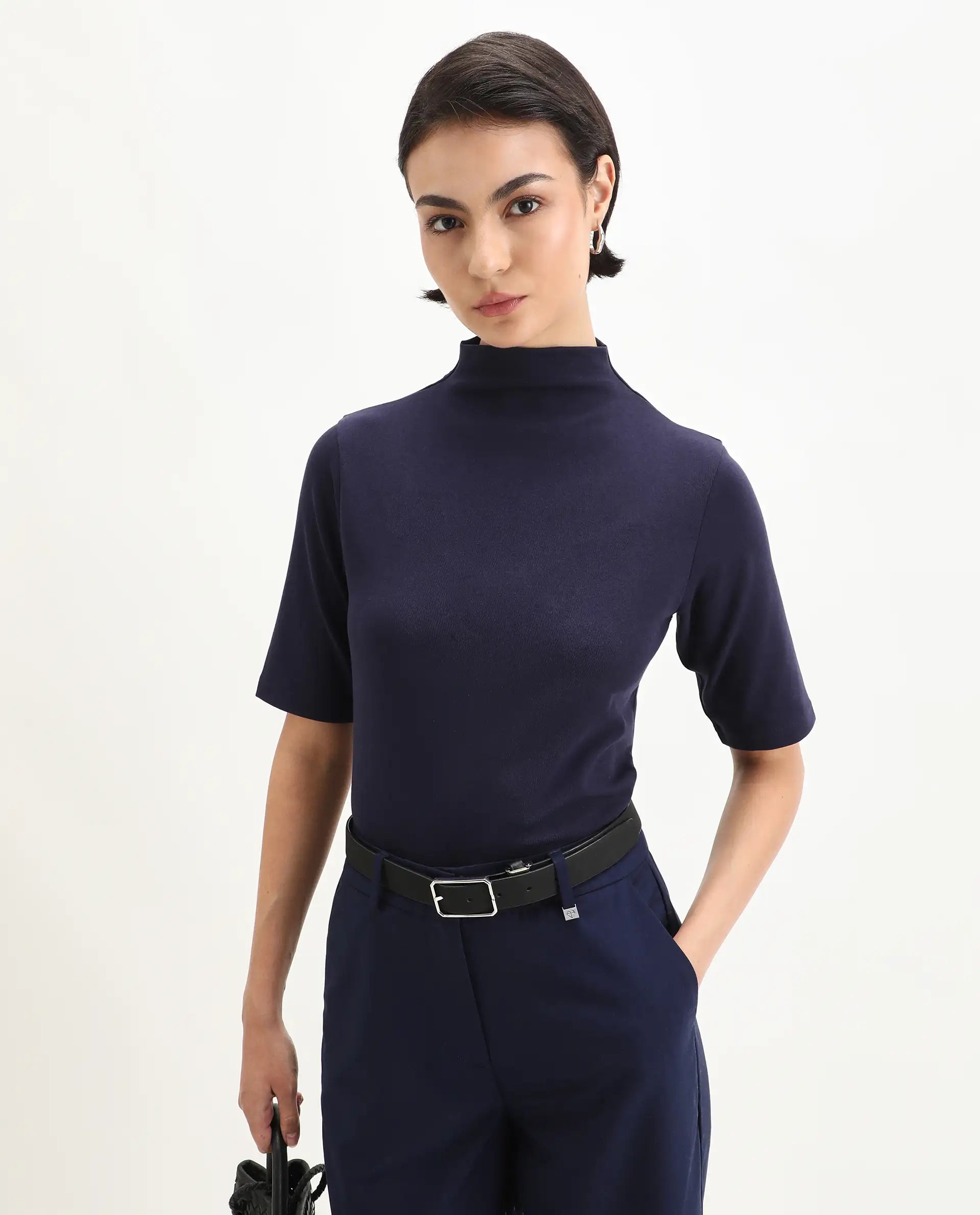 Rareism Women's Rohdrio Dusky Purple Cotton Blend Polo Neck Plain Regular Fit Top