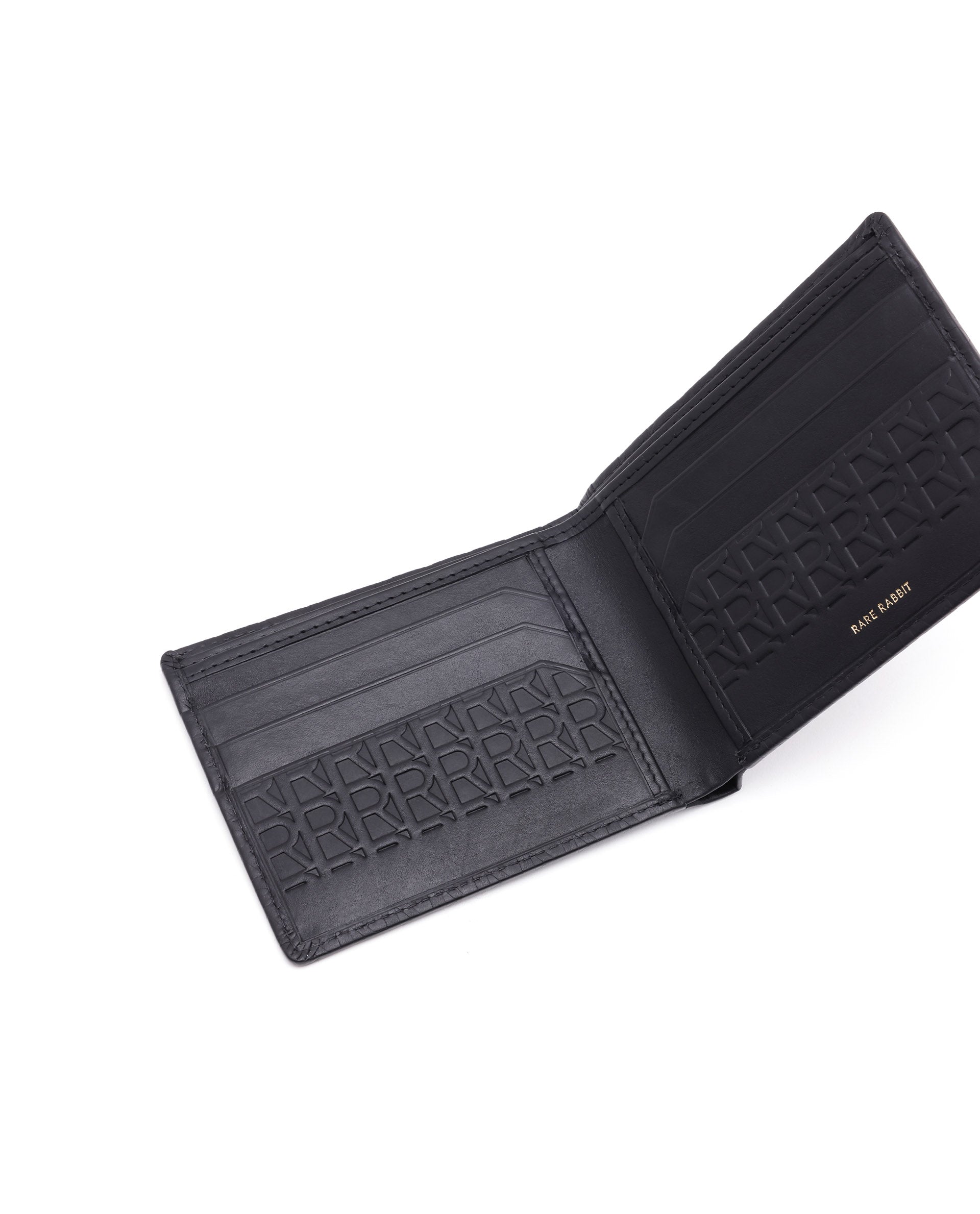 Rare Rabbit Men's Cali Black Bi Fold Slim RFID Embossed Monogram Wallet