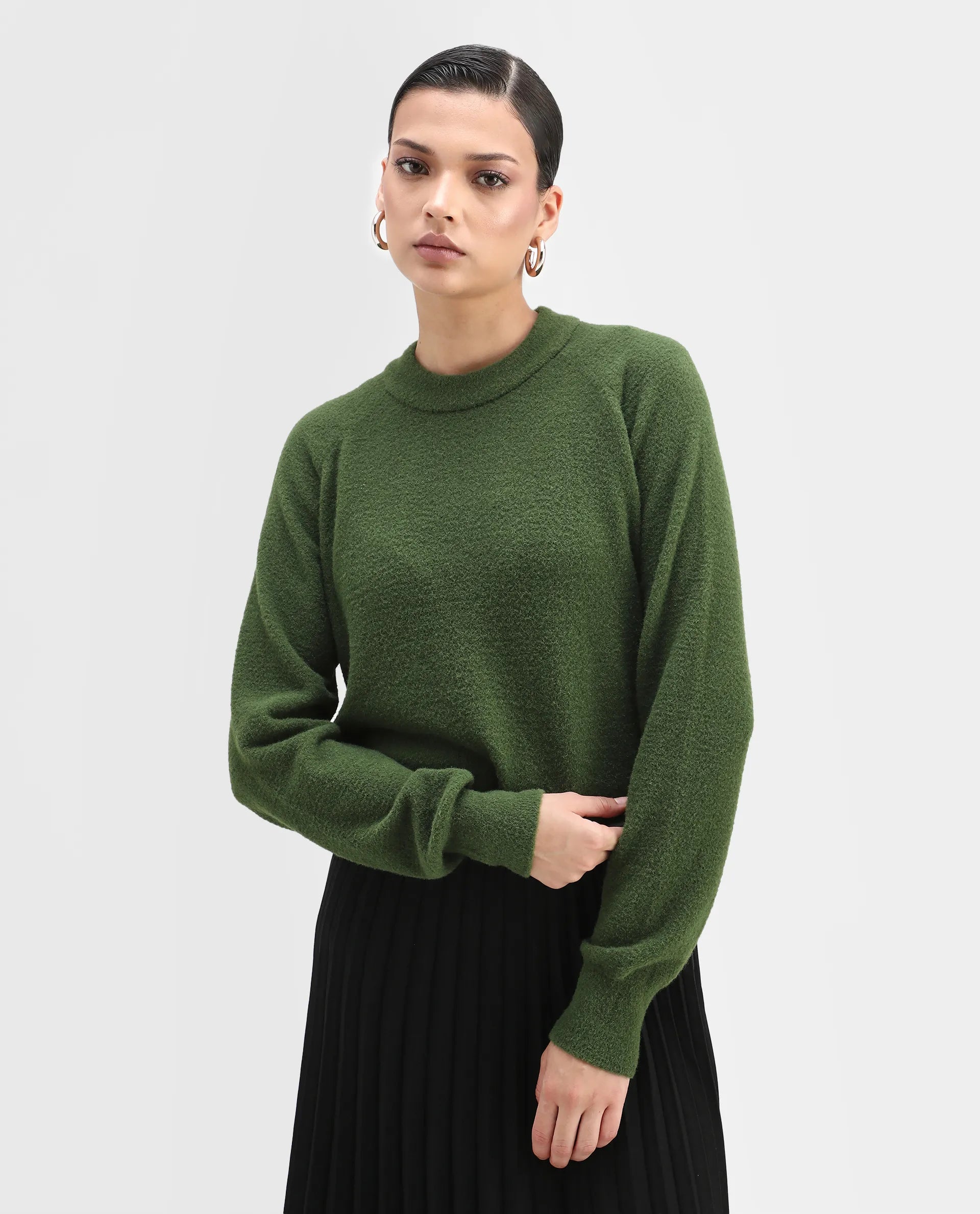 Rareism Women's Roho Dark Green Nylon Crew Neck Relaxed Fit Sweater