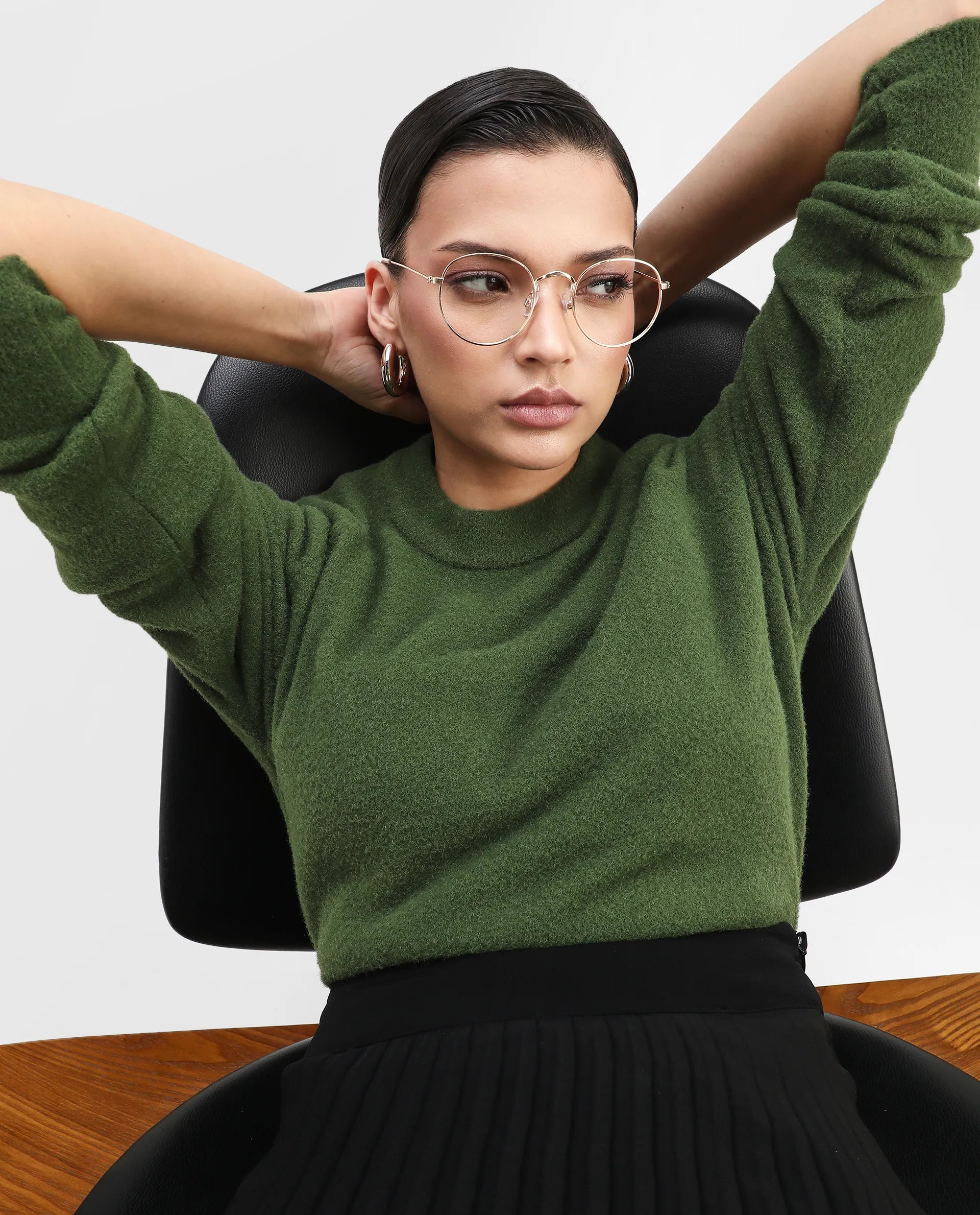 Rareism Women's Roho Dark Green Nylon Crew Neck Relaxed Fit Sweater