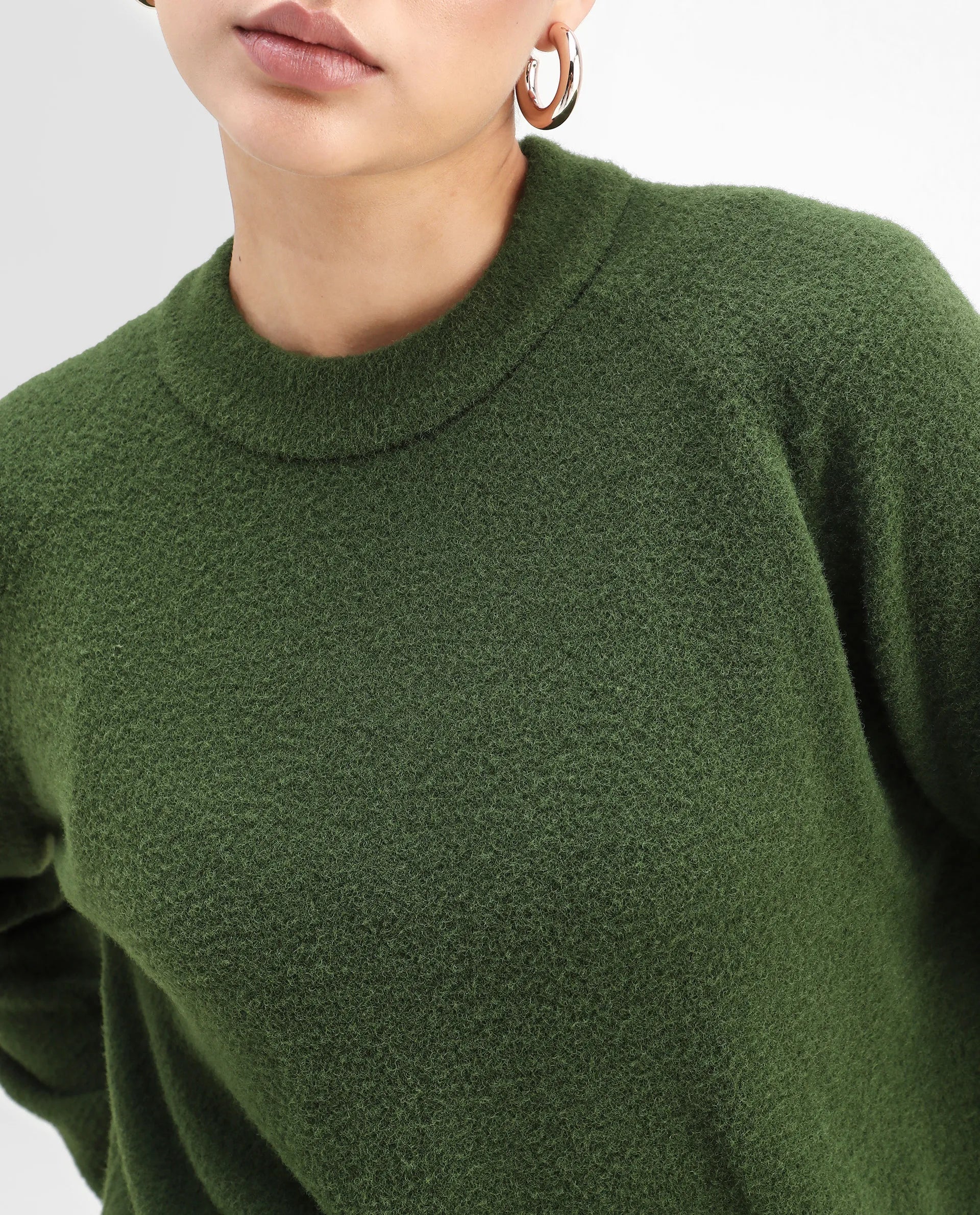 Rareism Women's Roho Dark Green Nylon Crew Neck Relaxed Fit Sweater