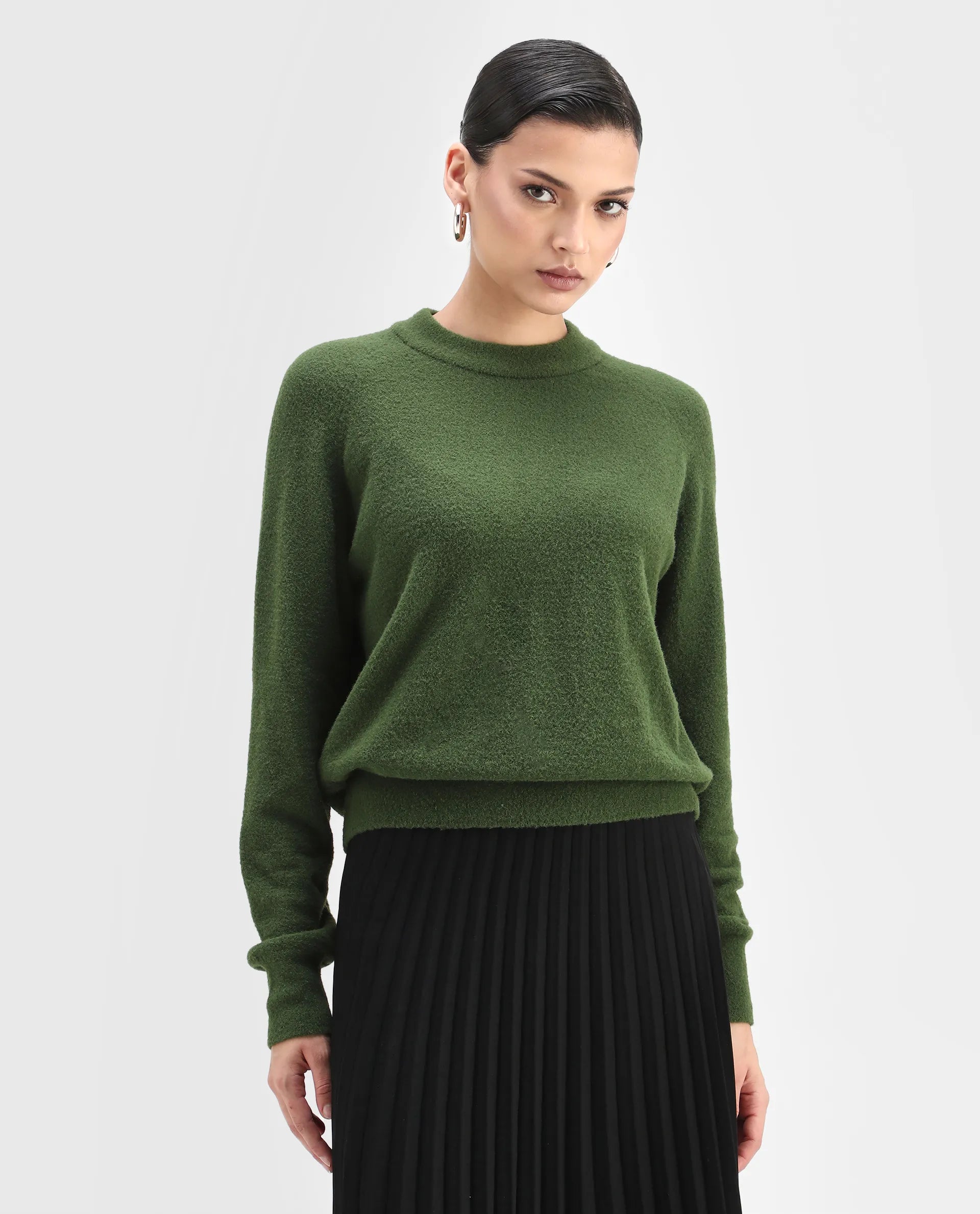 Rareism Women's Roho Dark Green Nylon Crew Neck Relaxed Fit Sweater