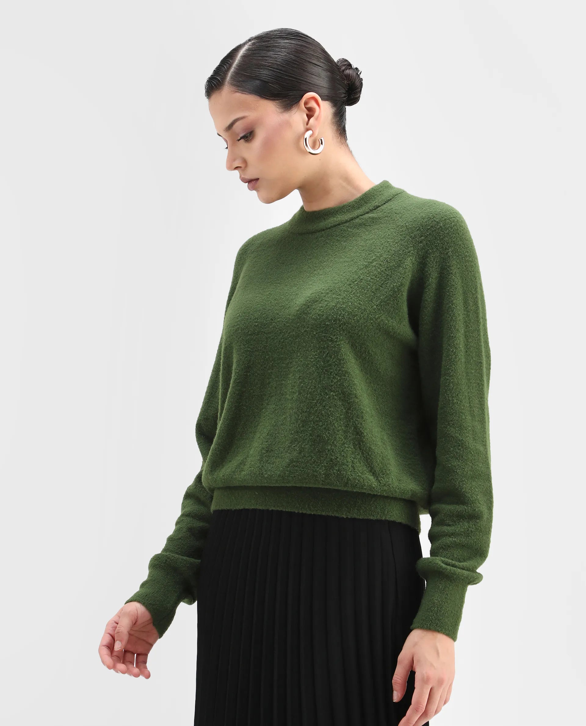 Rareism Women's Roho Dark Green Nylon Crew Neck Relaxed Fit Sweater