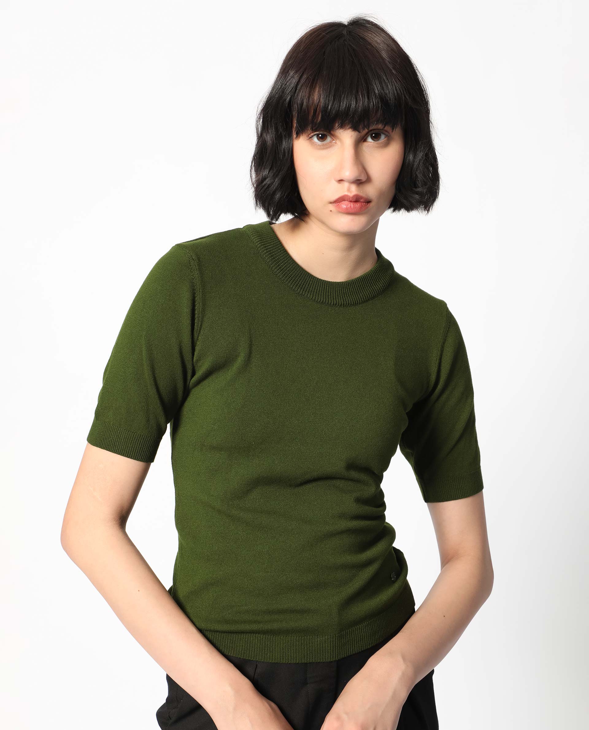 Rareism Women Rohrdo Olive Viscose Fabric Half Sleeves Regular Fit Solid Round Neck Sweater