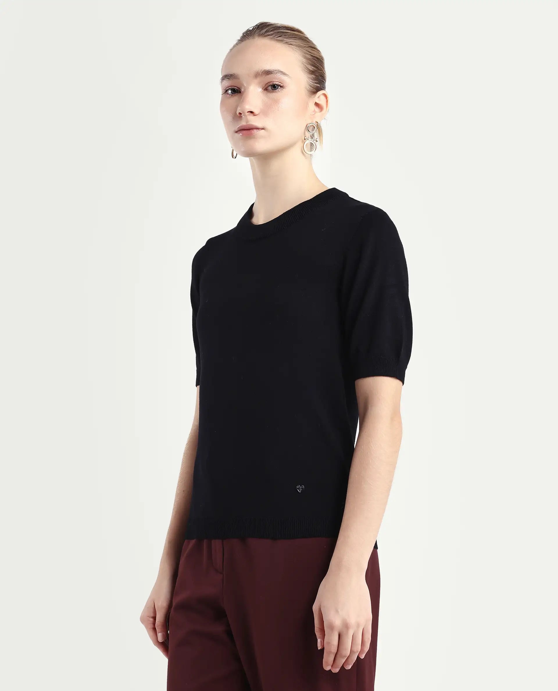 Rareism Women's Rohrdo Black Cotton Blend Crew Neck Plain Regular Fit Sweater