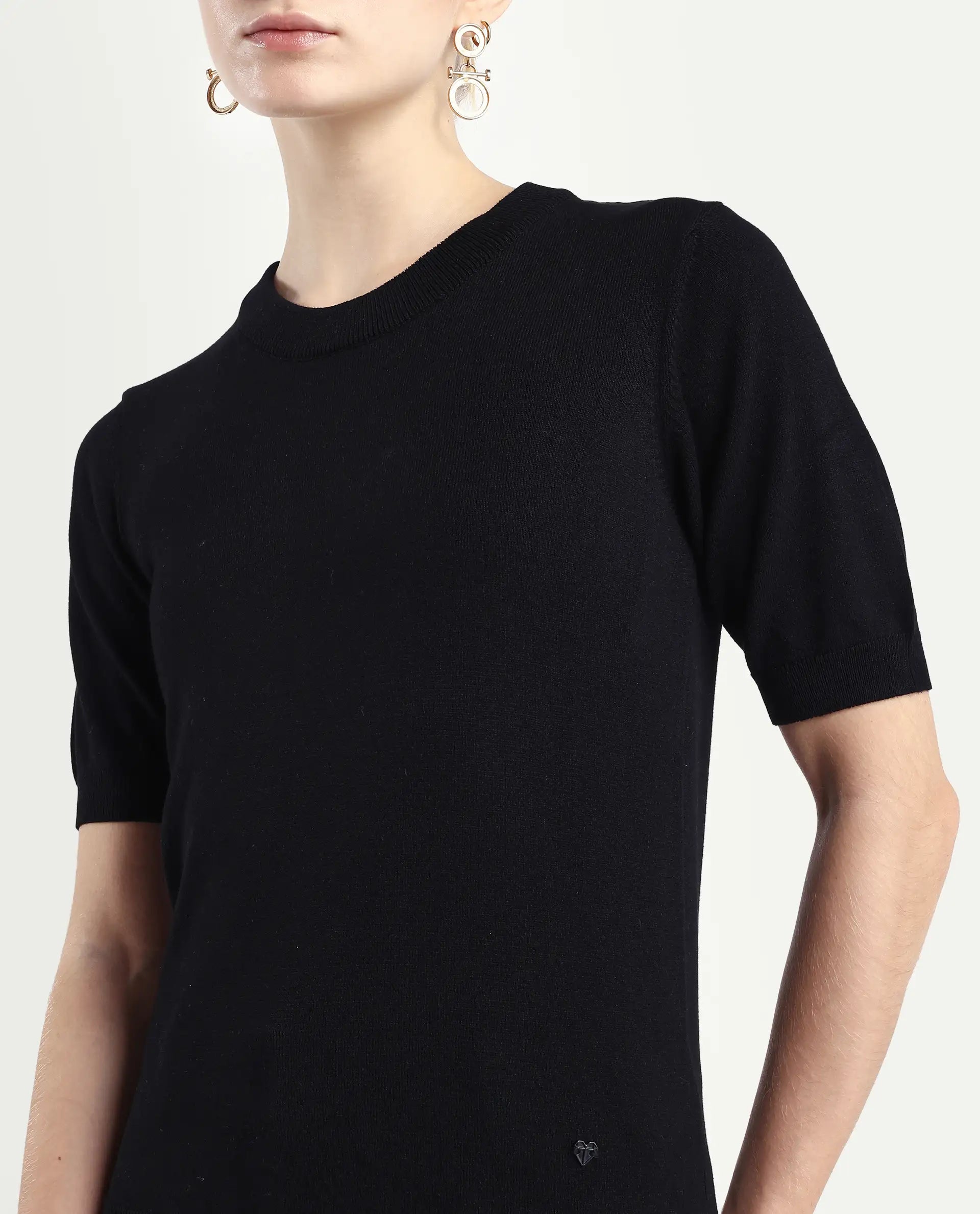 Rareism Women's Rohrdo Black Cotton Blend Crew Neck Plain Regular Fit Sweater