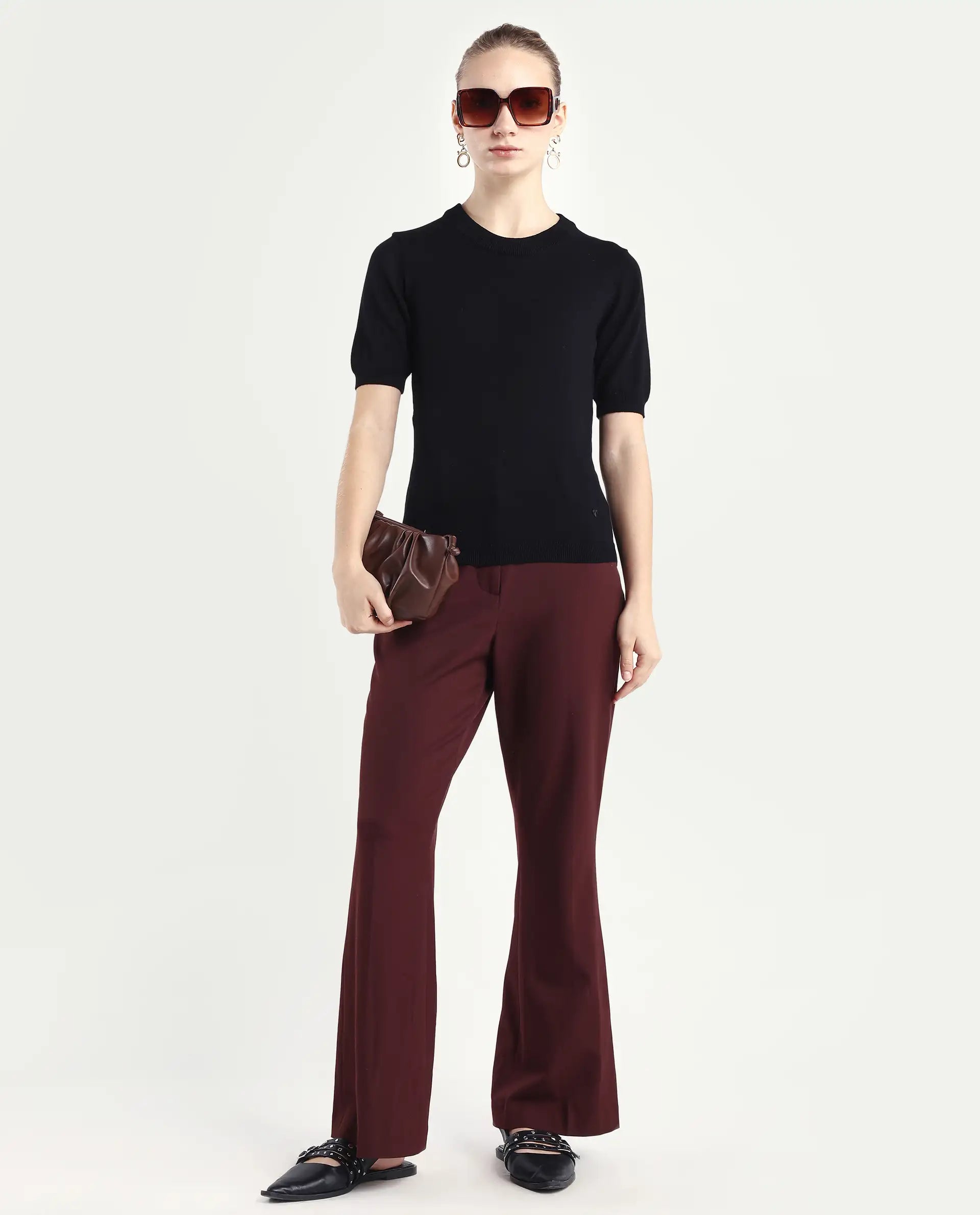 Rareism Women's Rohrdo Black Cotton Blend Crew Neck Plain Regular Fit Sweater