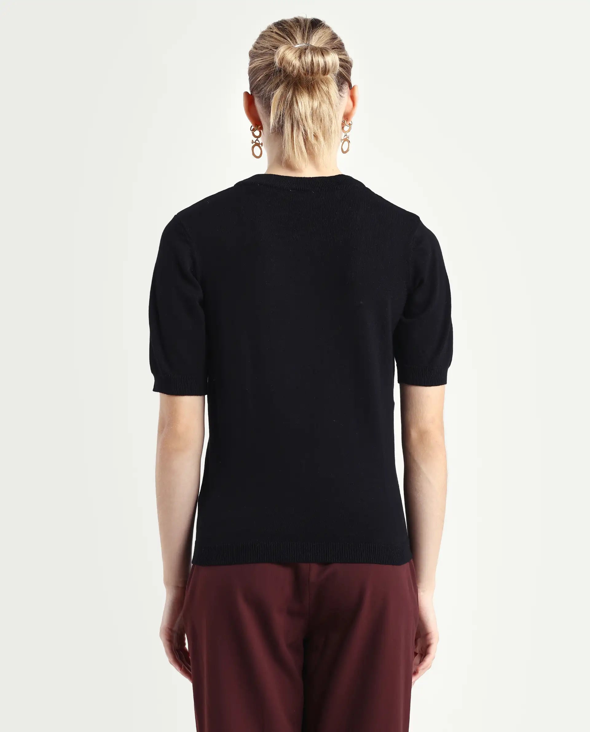 Rareism Women's Rohrdo Black Cotton Blend Crew Neck Plain Regular Fit Sweater