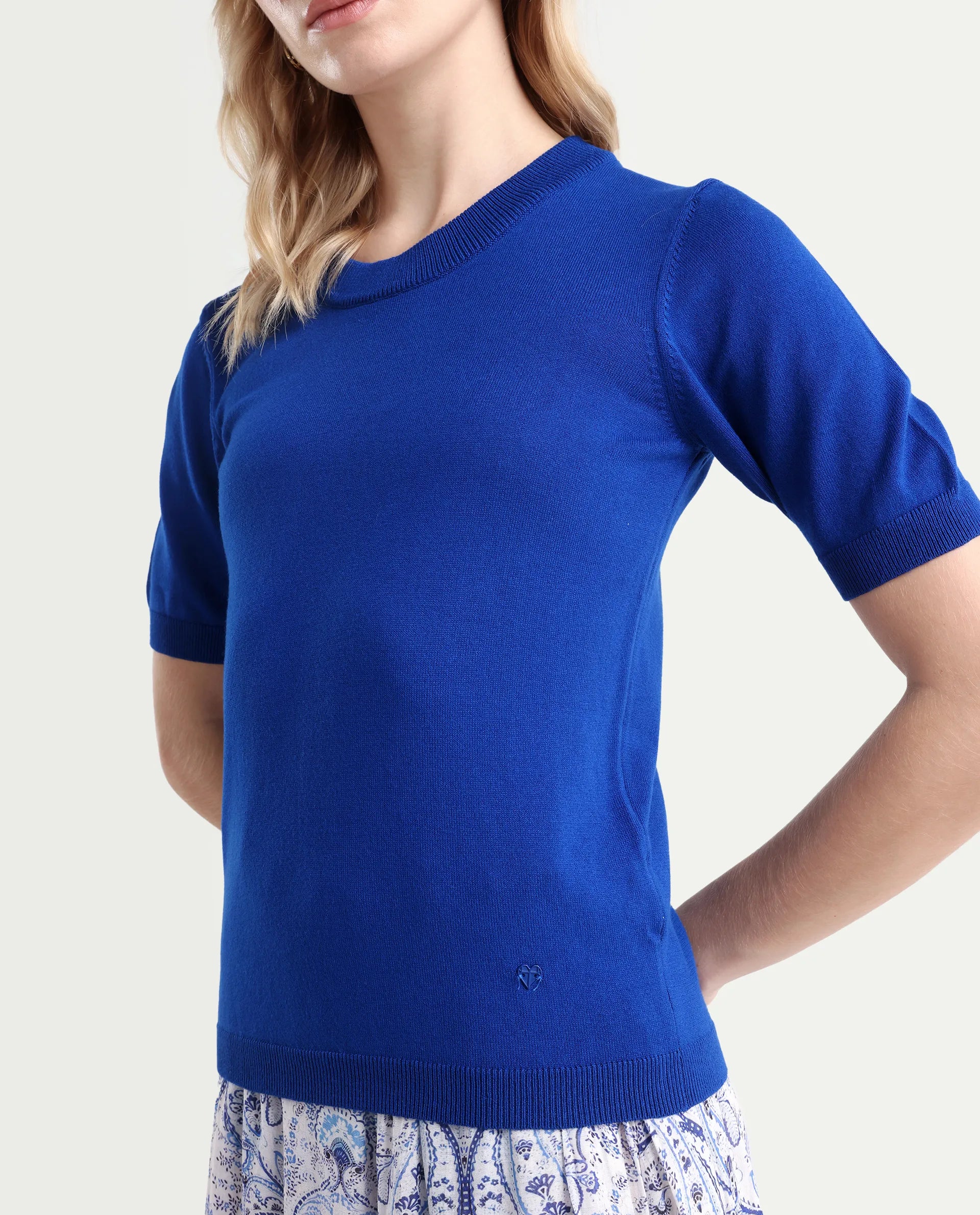 Rareism Women's Rohrdo Blue Cotton Blend Crew Neck Plain Regular Fit Sweater
