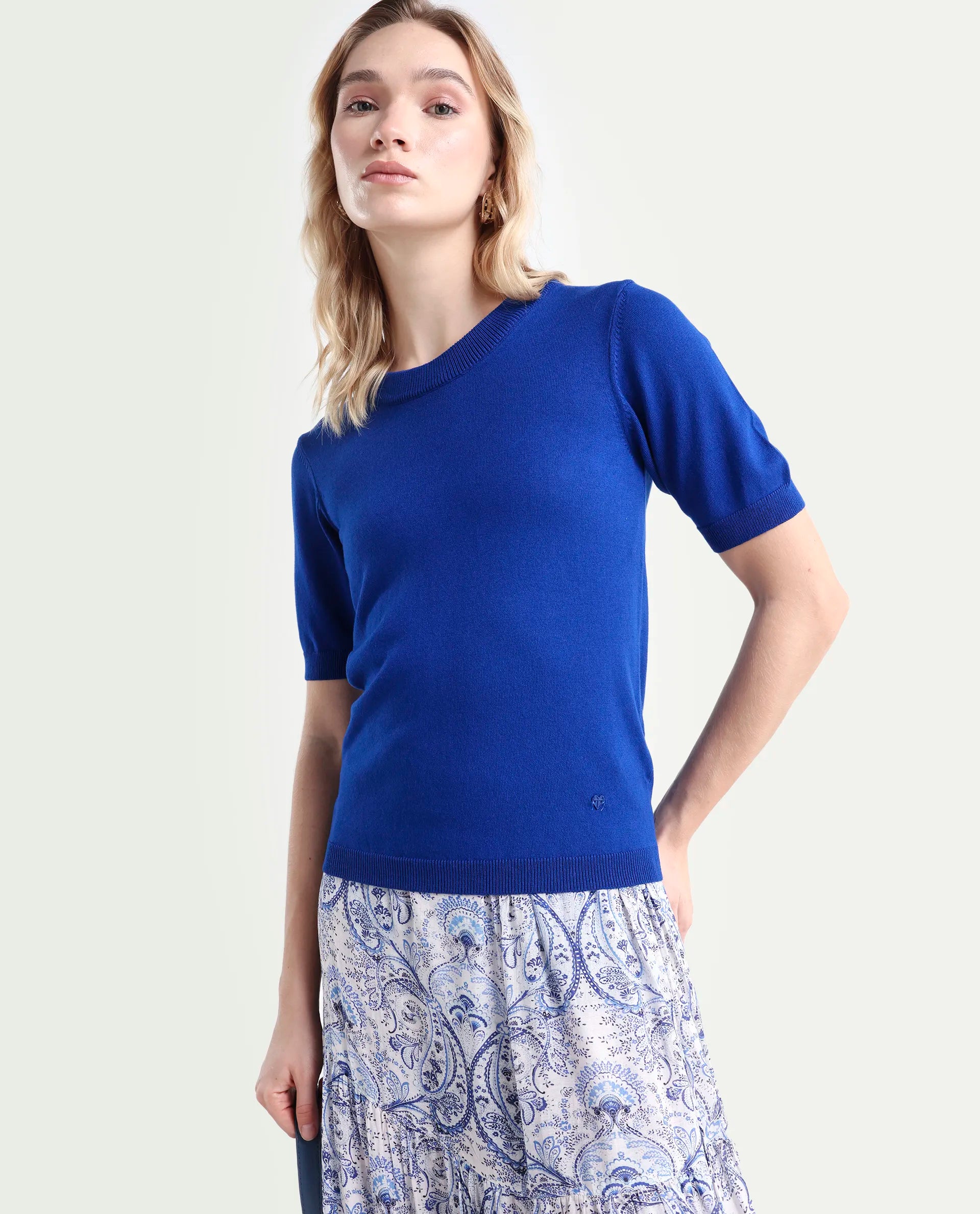 Rareism Women's Rohrdo Blue Cotton Blend Crew Neck Plain Regular Fit Sweater