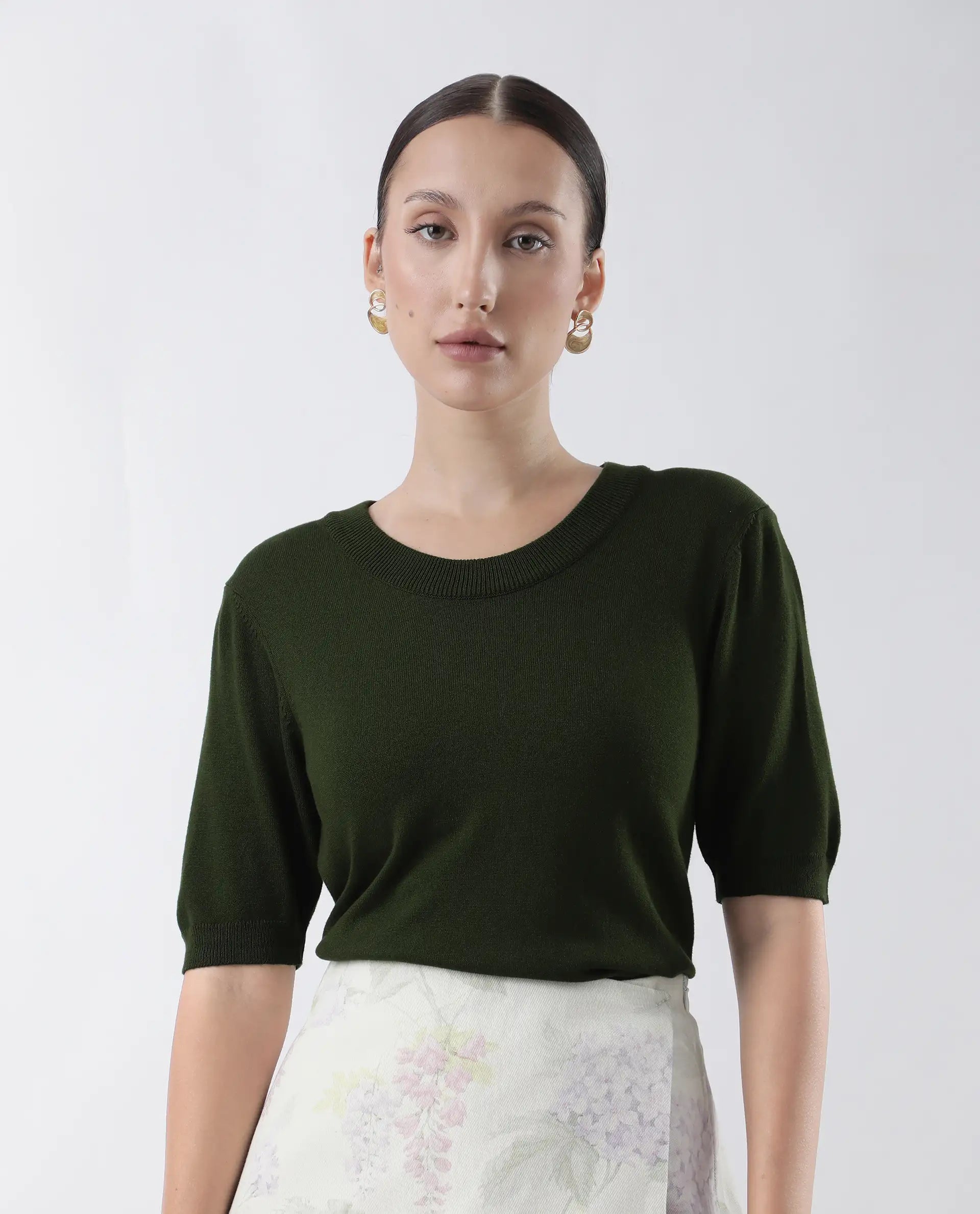 Rareism Women's Rohrdo Green Cotton Blend Crew Neck Plain Regular Fit Sweater