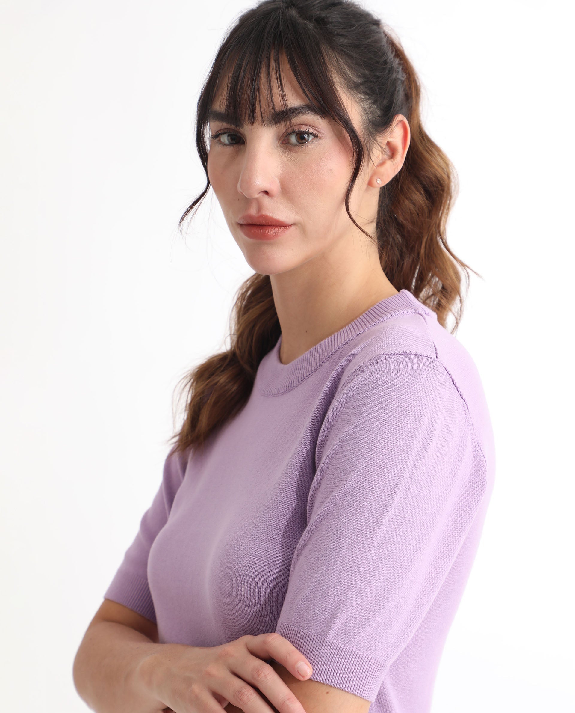 Rareism Women Rohrdo Pastel Purple Viscose Fabric Short Sleeves Round Neck Regular Fit Plain Sweater