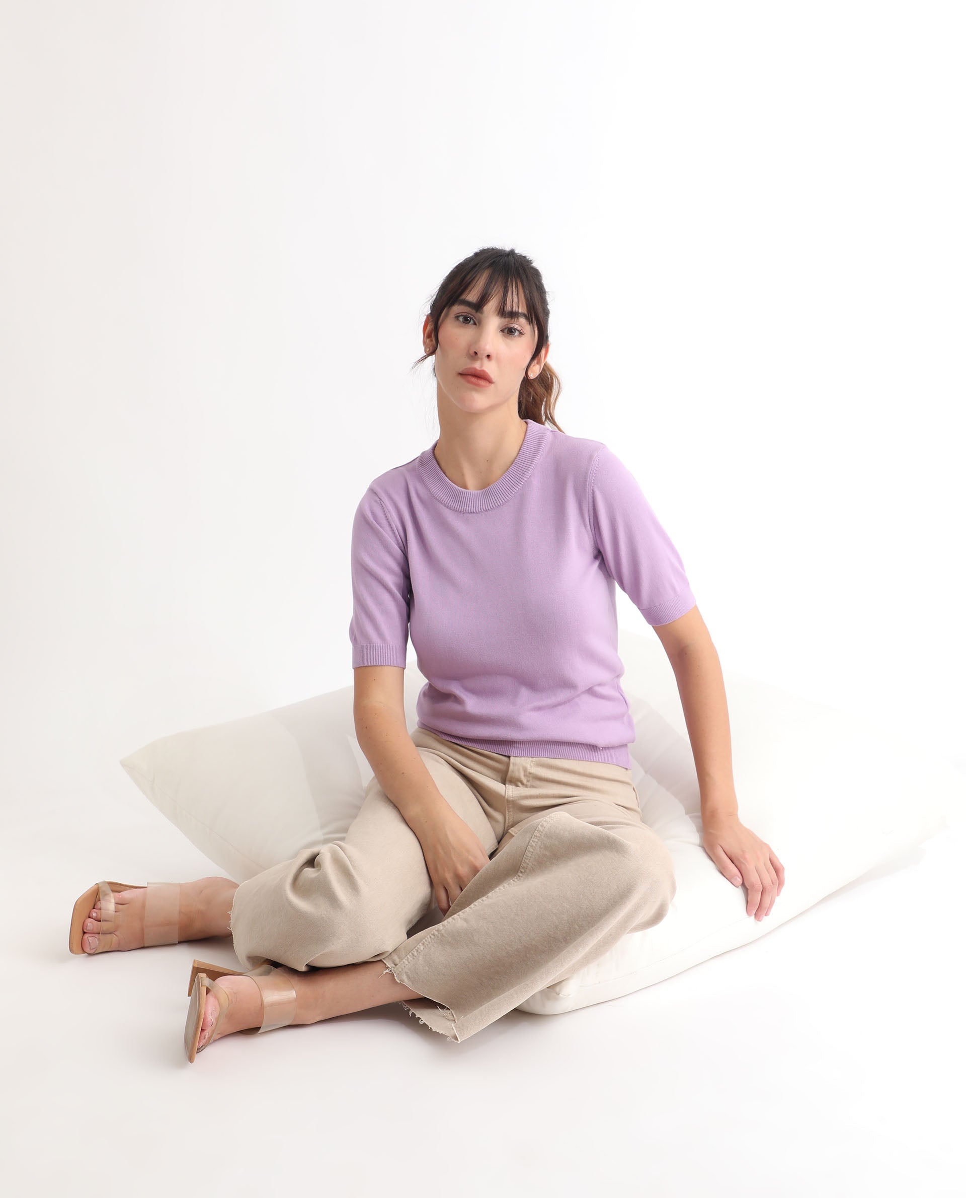 Rareism Women Rohrdo Pastel Purple Viscose Fabric Short Sleeves Round Neck Regular Fit Plain Sweater