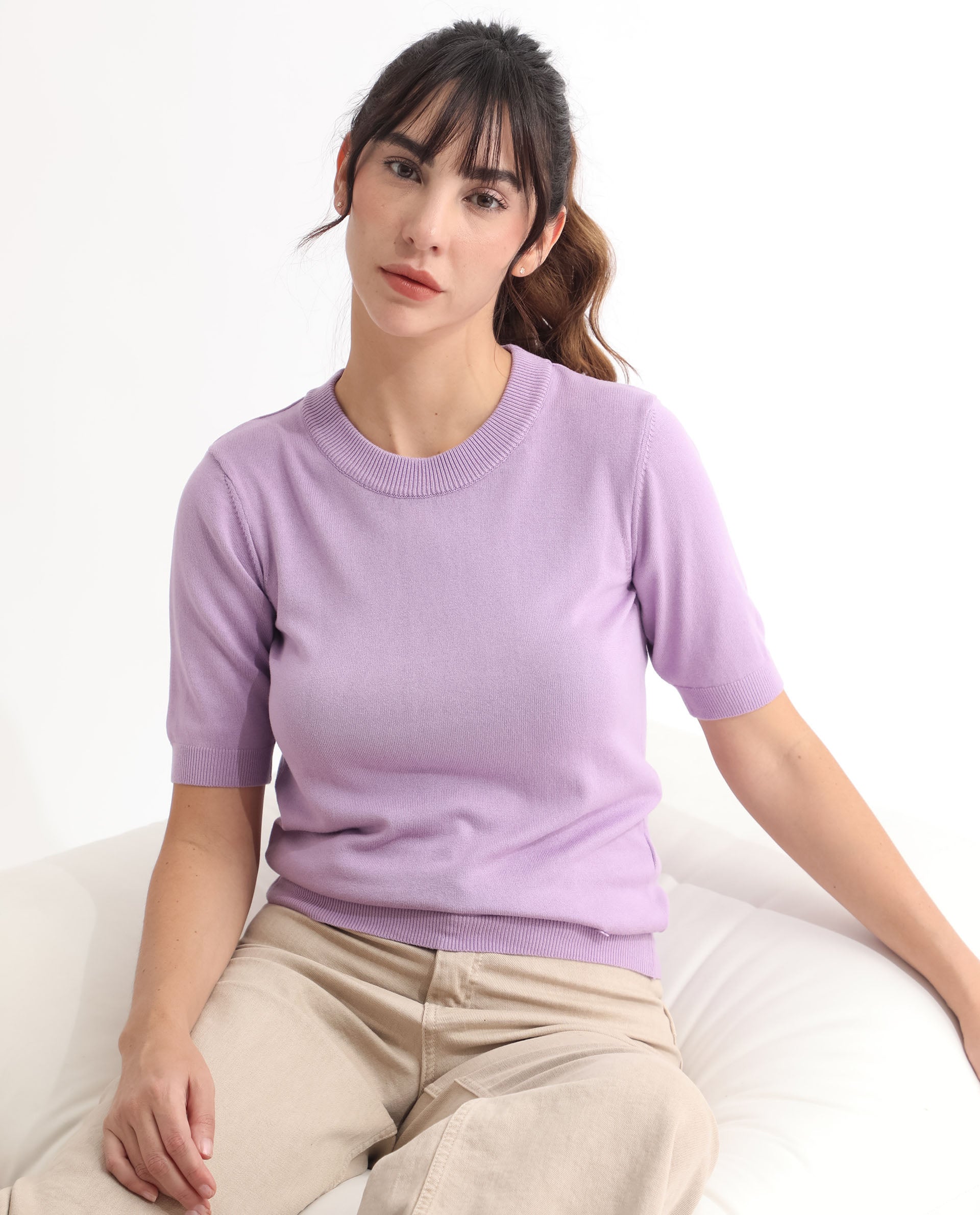 Rareism Women Rohrdo Pastel Purple Viscose Fabric Short Sleeves Round Neck Regular Fit Plain Sweater