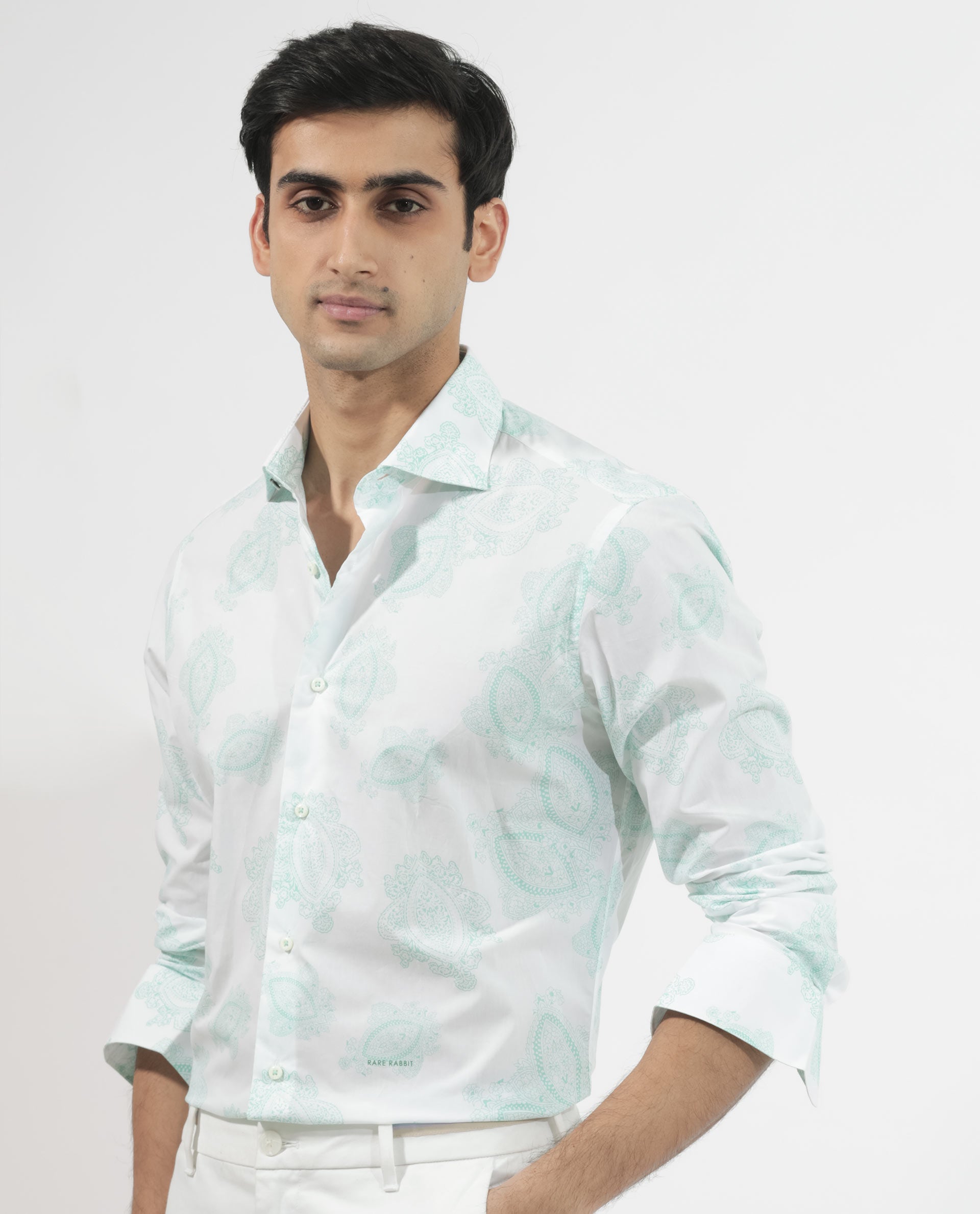 Rare Rabbit Men's Rojackk Turq Cotton Fabric Paisley Print Full Sleeves Shirt