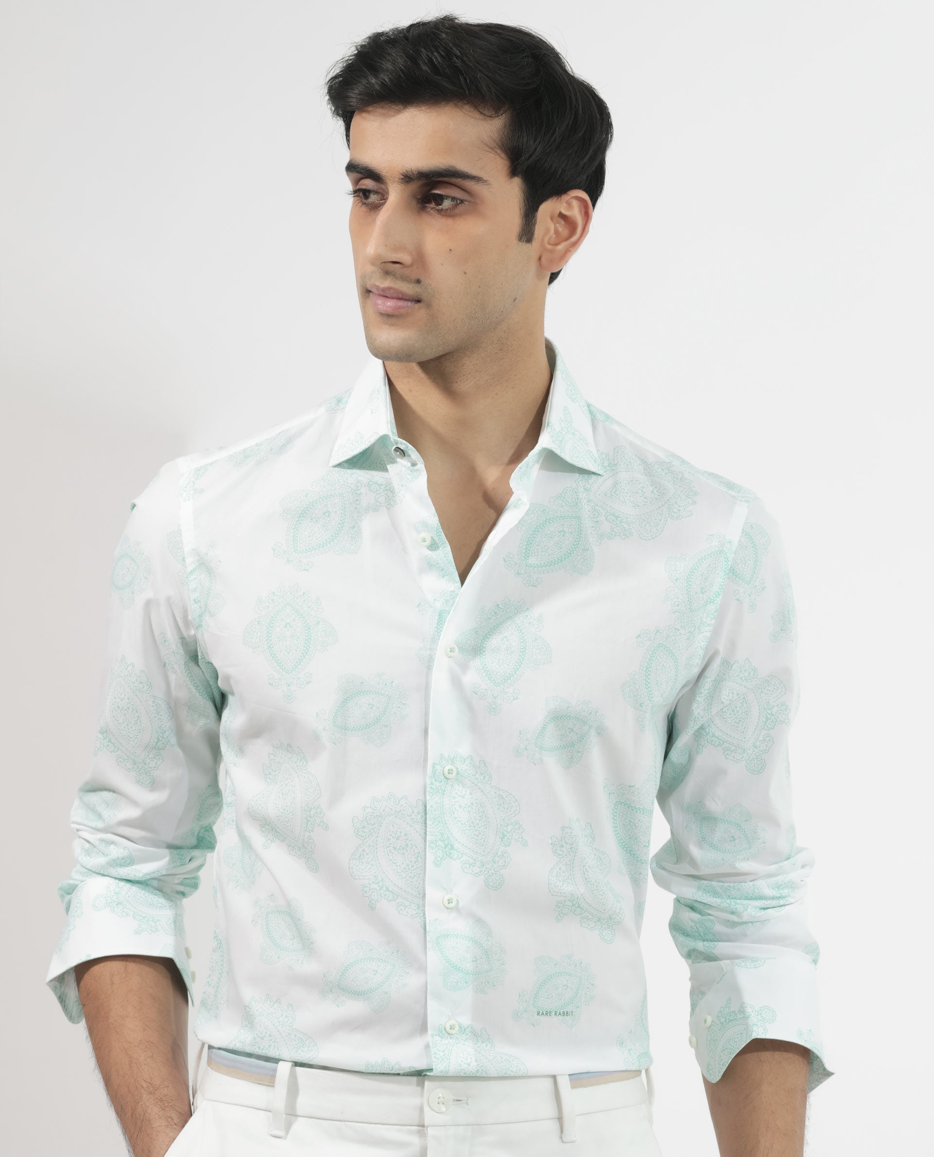 Rare Rabbit Men's Rojackk Turq Cotton Fabric Paisley Print Full Sleeves Shirt