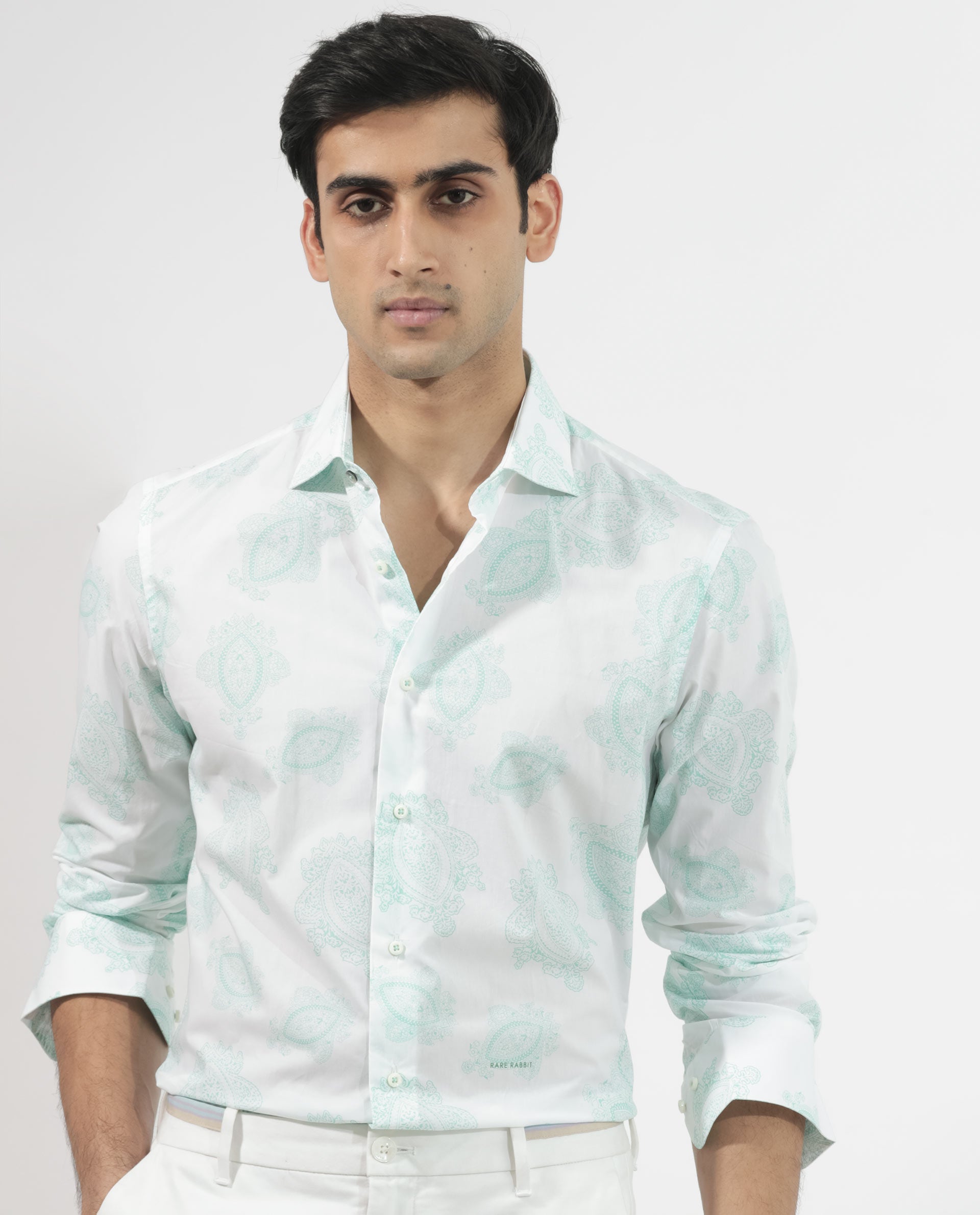 Rare Rabbit Men's Rojackk Turq Cotton Fabric Paisley Print Full Sleeves Shirt