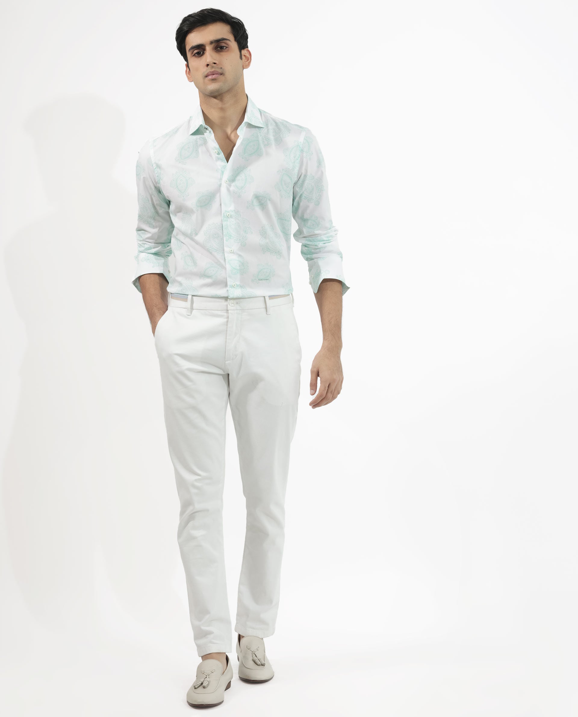 Rare Rabbit Men's Rojackk Turq Cotton Fabric Paisley Print Full Sleeves Shirt