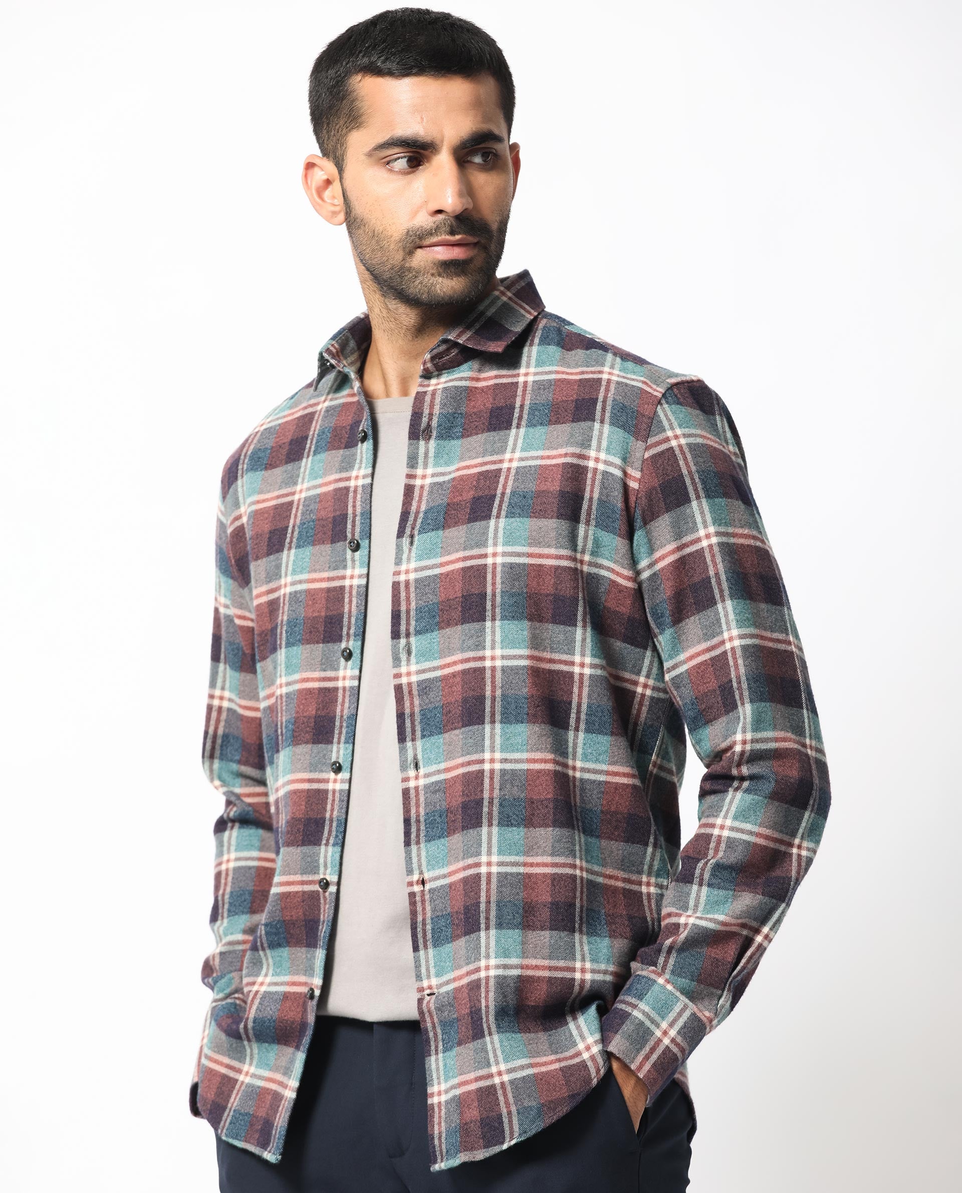 Rare Rabbit Men's Rojen Brown Cotton Fabric Full Sleeves Checks Shirt