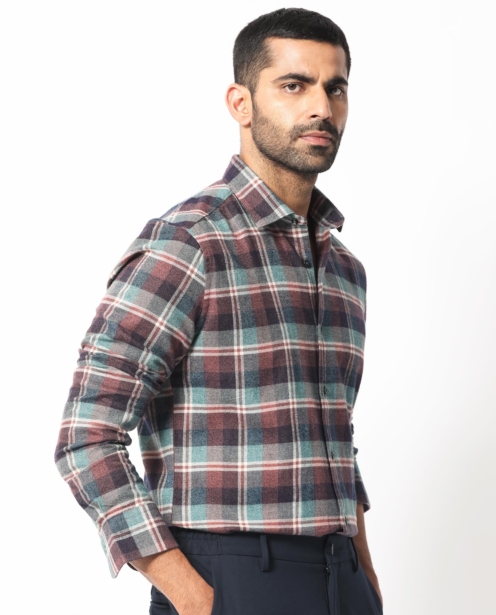 Rare Rabbit Men's Rojen Brown Cotton Fabric Full Sleeves Checks Shirt