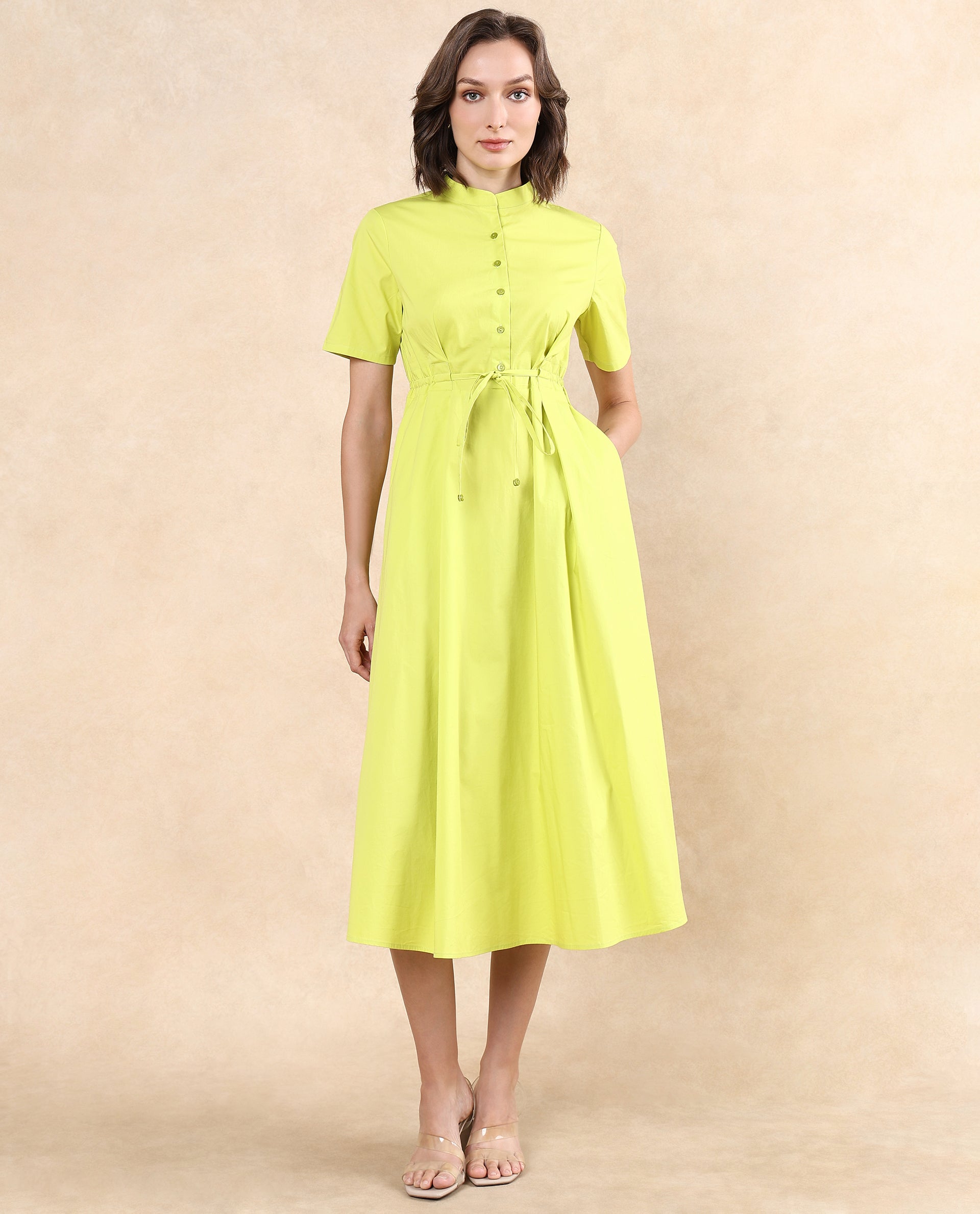 Rareism Women's Rokl Green Cotton Blend Fabric Mandarin Collar Button Closure Half Sleeve Plain Flared Midi Dress