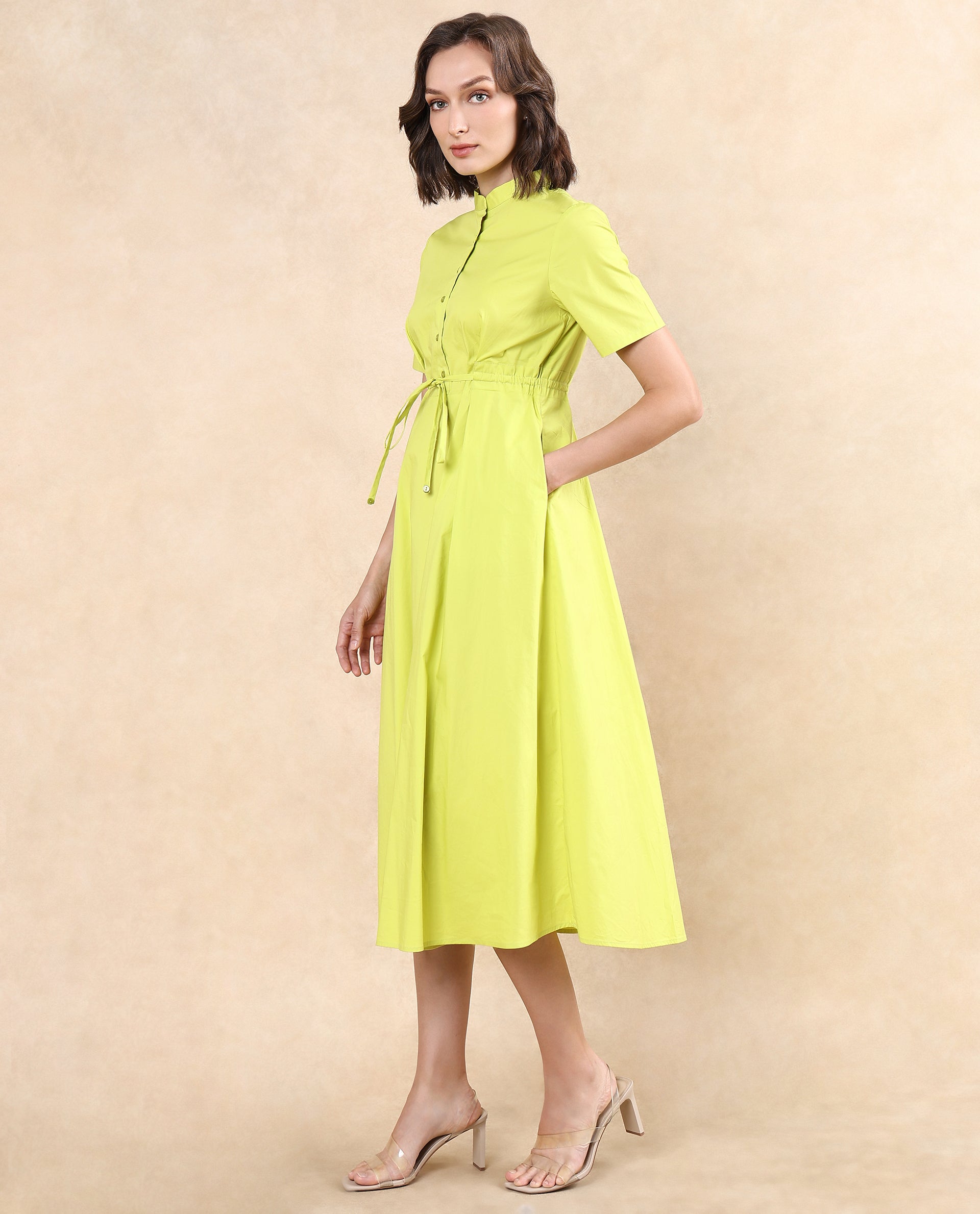 Rareism Women's Rokl Green Cotton Blend Fabric Mandarin Collar Button Closure Half Sleeve Plain Flared Midi Dress