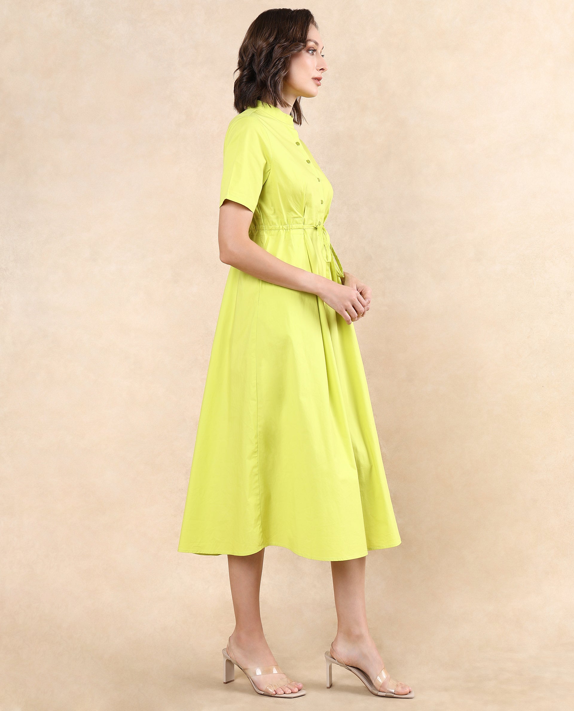 Rareism Women's Rokl Green Cotton Blend Fabric Mandarin Collar Button Closure Half Sleeve Plain Flared Midi Dress