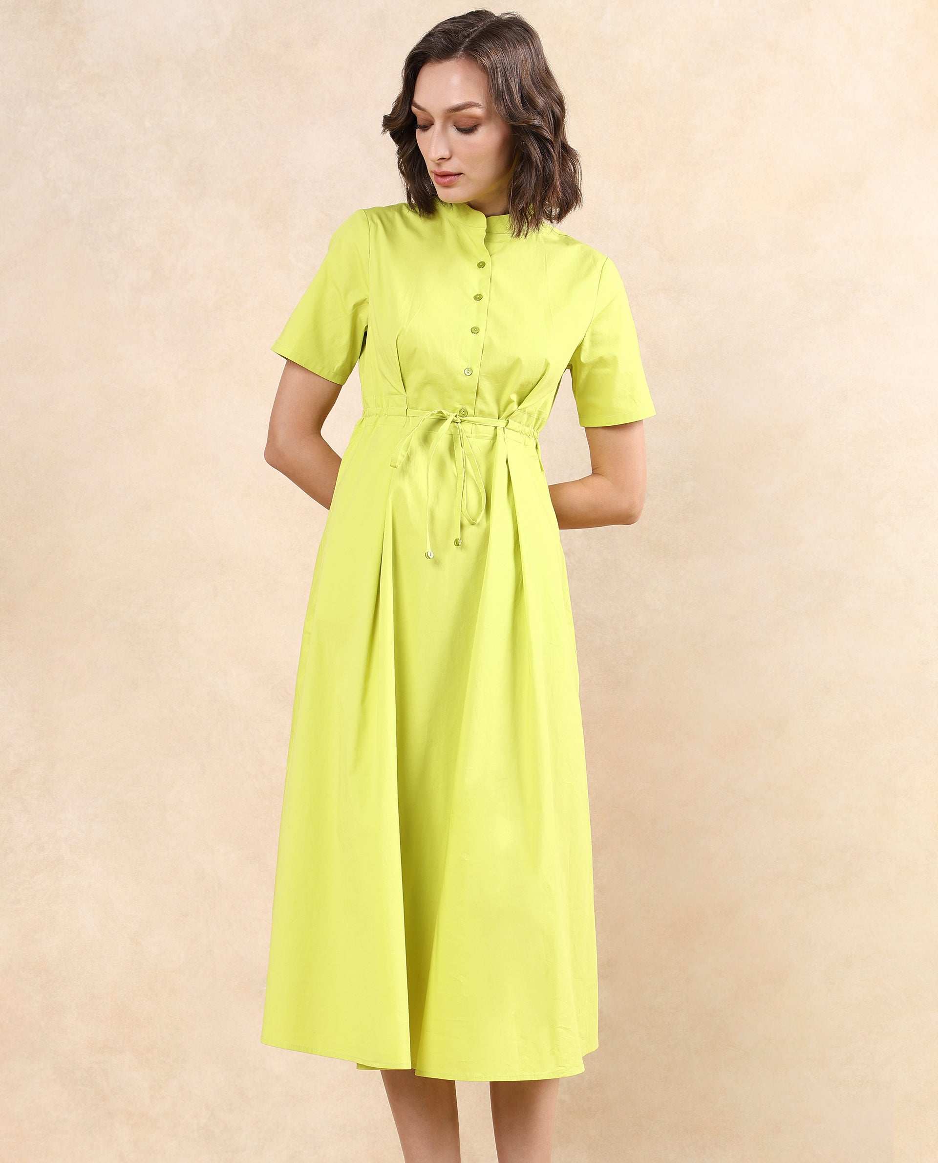 Rareism Women's Rokl Green Cotton Blend Fabric Mandarin Collar Button Closure Half Sleeve Plain Flared Midi Dress