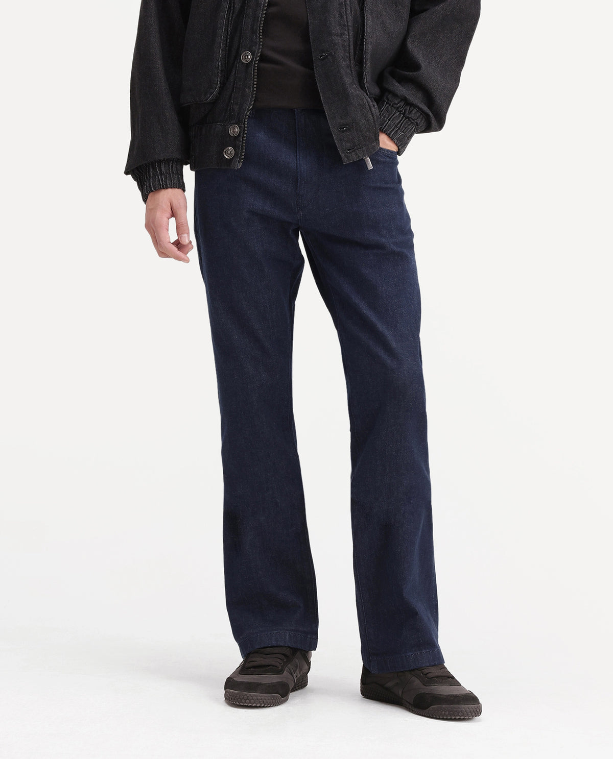 Rare Rabbit Men's Rokz Dark Navy Cotton Blend Knox Bootcut Plain Jeans
